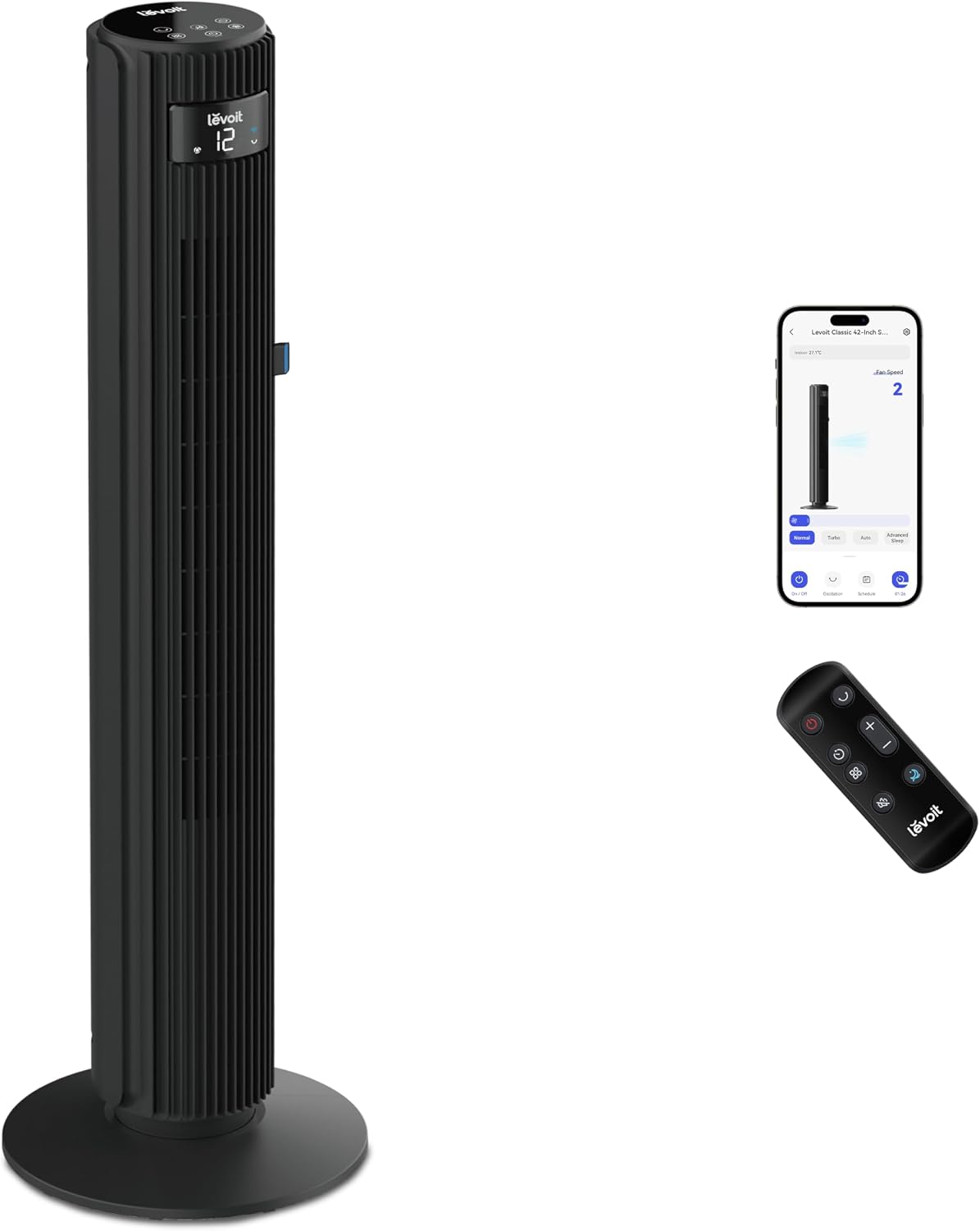 Levoit - Smart APP Turmventilator Leise-Ventilator für Schlafzimmer - 4 Modi/12 Stufen/12 Std Timer - Fernbedienung & Kühlung - 7,9m/s - Sensor & Sprachsteuerung Standventilator - Schwarz, 106 cm