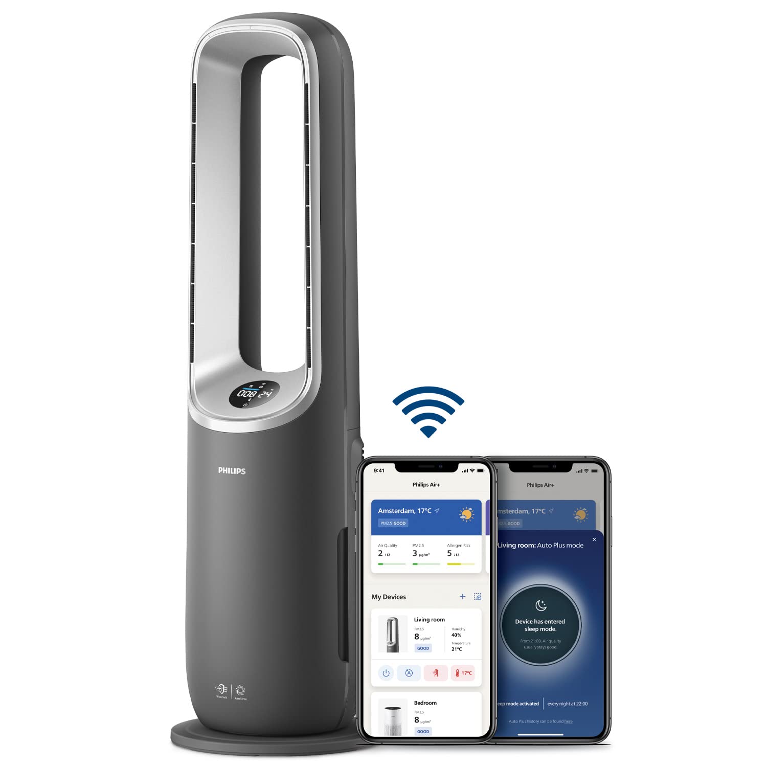 PHILIPS Air Performer 2-in-1: Luftreiniger und Kühlgebläse - Reinigt 70 m², Entfernt 99,97% der Allergene und Schadstoffe. HEPA-Filter, Intelligente Sensoren, Alexa, App. (AMF765/10)
