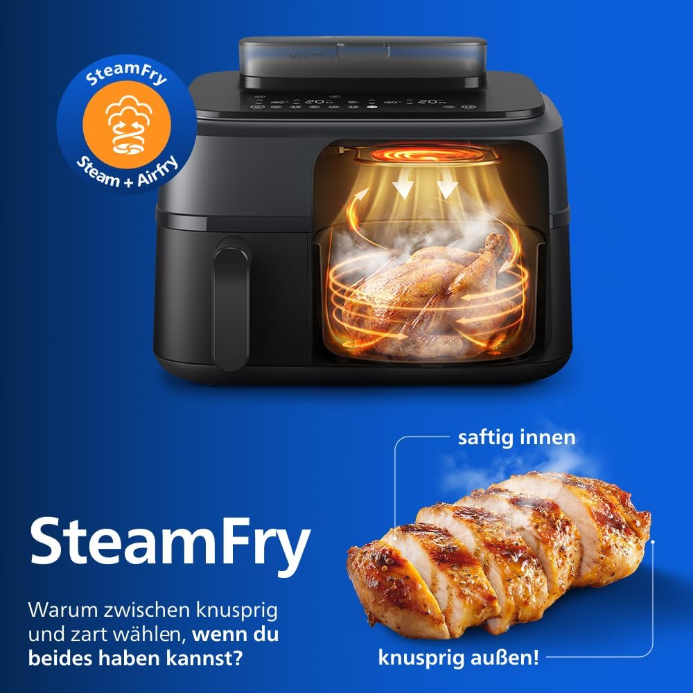 Philips Steam Airfryer 5000 Series Dual Basket Hot Air Fryer with Steamer Function & 2 Baskets - Steam, Airfry, SteamFry, 9L (3L+6L), RapidAir Plus, Automatic Steam Cleaning (NA550/00)