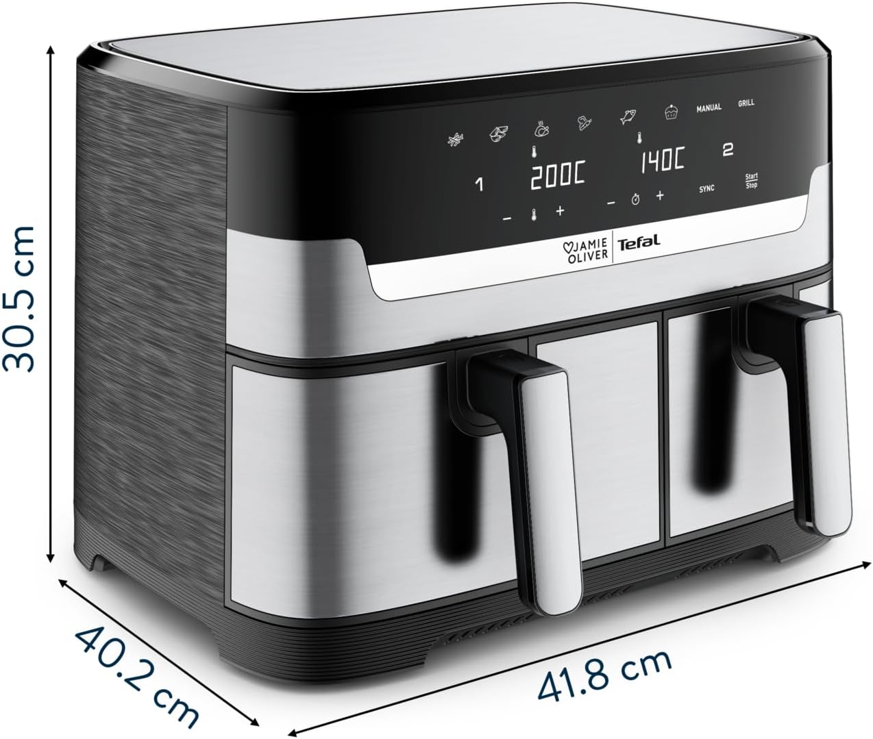 Jamie Oliver by Tefal Dual Drawer Heißluftfritteuse 8,3 L – Airfryer mit 2 Kammern & Grillfunktion, 8 Programme, Sync-Modus für gleichzeitiges Garen, fettarm frittieren & energiesparend EY90JDE1