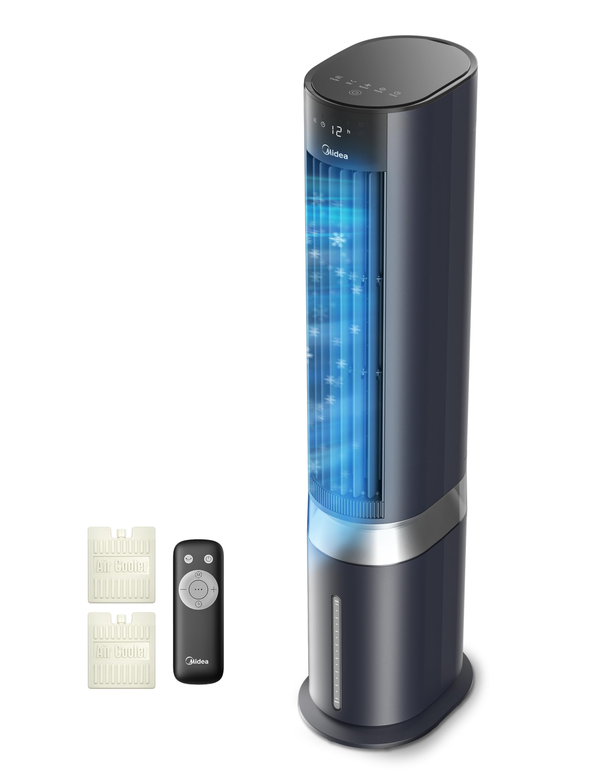 Midea Silent Air Cooler Pro 4-in-1 Mobile Air Conditioning Quiet: Air Cooler, Tower Fan, Humidifier and Air Purifier, with Remote Control, 5 L Water Tank, 355 m³/h Air Flow, 55 W, LED Display, Timer, White