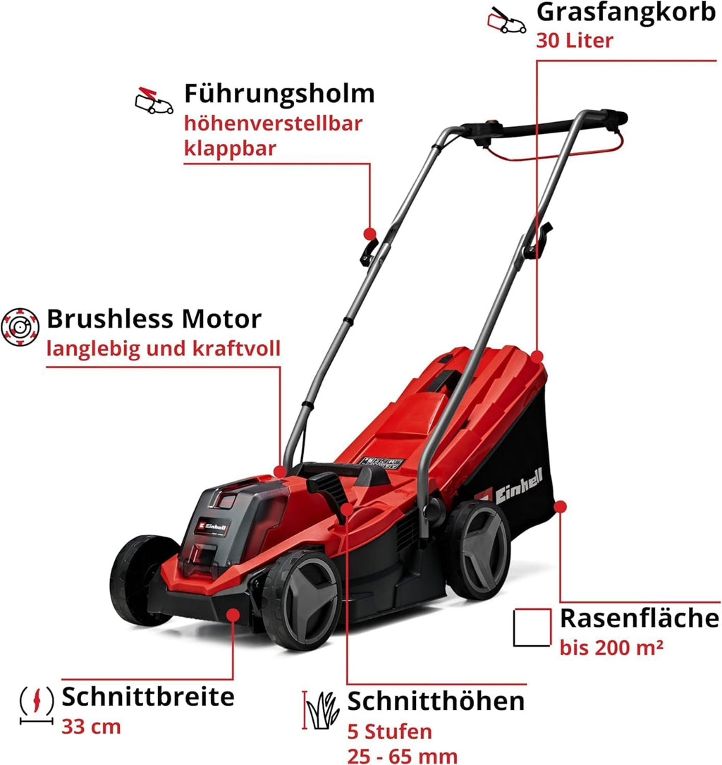 Einhell Akku-Rasenmäher GE-cm 18/33 Li Kit Power X-Change (18 V, 33 cm Schnittbreite, bis 200 m², Brushless, 30L Fangkorb, 25-65 mm Schnitthöhe, inkl. 4,0 Ah Akku + Ladegerät)