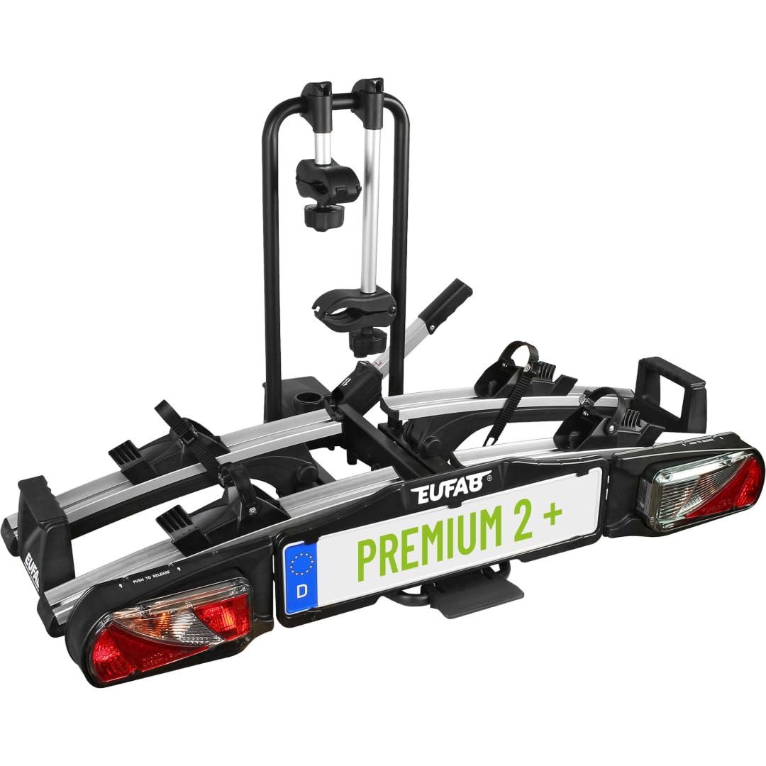 EUFAB 11521 Fahrradträger PREMIUM 2, E-Bike geeignet, komplett vormontiert, Diebstahlschutz, für 2 Fahrräder, für Anhängekupplung, Schwarz, Silber