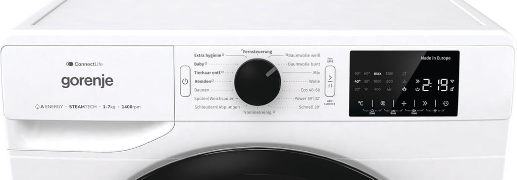 Gorenje WPNEI74A1TS Waschmachine mit Dampffunktion/ConnectLife / 7Kg / 1400 U/min / 15 Programme/Totaler AquaStop/WaveActive Trommel/ExtraHygiene/PowerWash/Schnell Waschgang/Weiß/EEK: A-10%