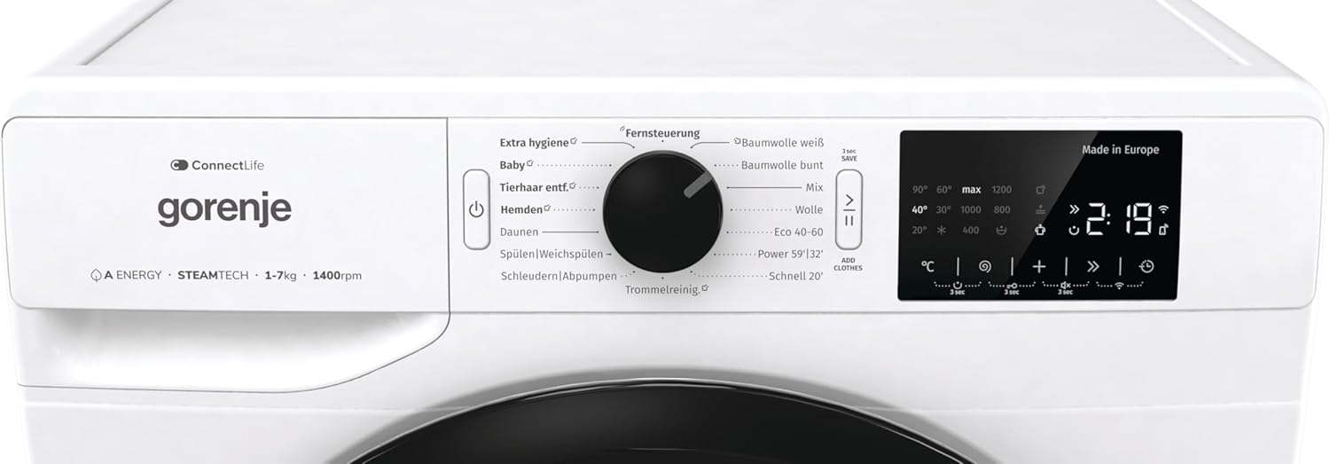 Gorenje WPNEI74A1TS Waschmachine mit Dampffunktion/ConnectLife / 7Kg / 1400 U/min / 15 Programme/Totaler AquaStop/WaveActive Trommel/ExtraHygiene/PowerWash/Schnell Waschgang/Weiß/EEK: A-10%