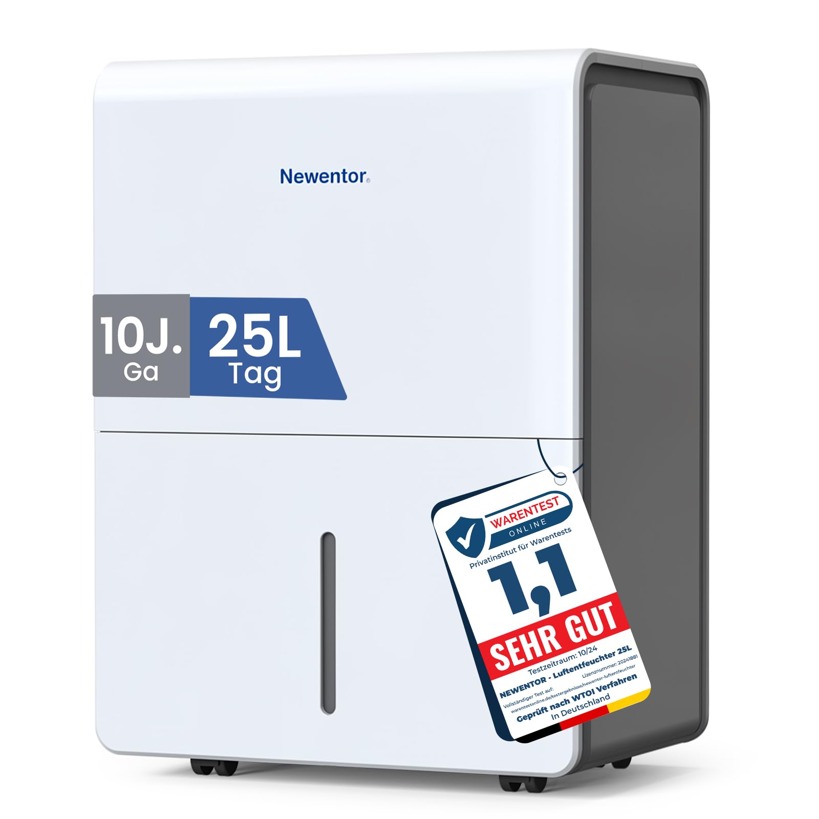 Newentor Electric Dehumidifier, 25 L, Dehumidifier Electric Cellar, Room Dehumidifier for Home for 215 m³/80 m², with Timer, Filter and 1 m Drain Hose, 10 J.