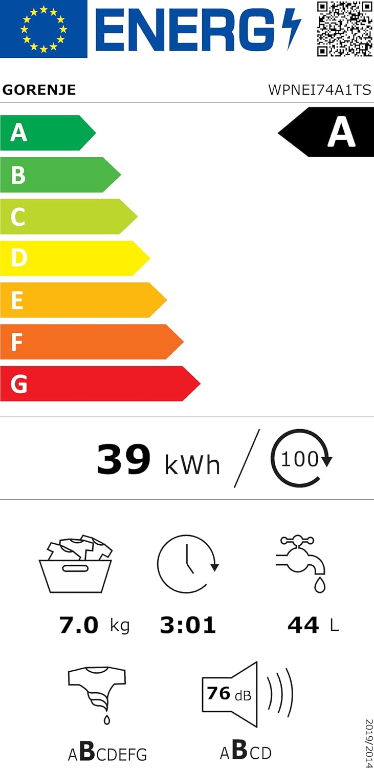 Gorenje WPNEI74A1TS Waschmachine mit Dampffunktion/ConnectLife / 7Kg / 1400 U/min / 15 Programme/Totaler AquaStop/WaveActive Trommel/ExtraHygiene/PowerWash/Schnell Waschgang/Weiß/EEK: A-10%