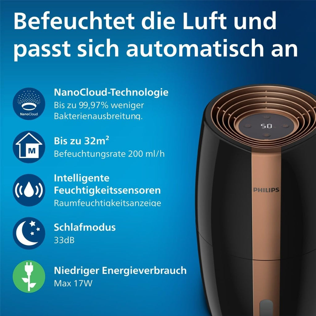 Philips Humidifier 2000 Series, NanoCloud Technology, 99.97% Less Bacteria, 200ml/h, 2L Tank, Ultra Quiet (33dB), Sensor, 3 Levels, Auto & Sleep Mode, Timer, Black (HU2718/10)