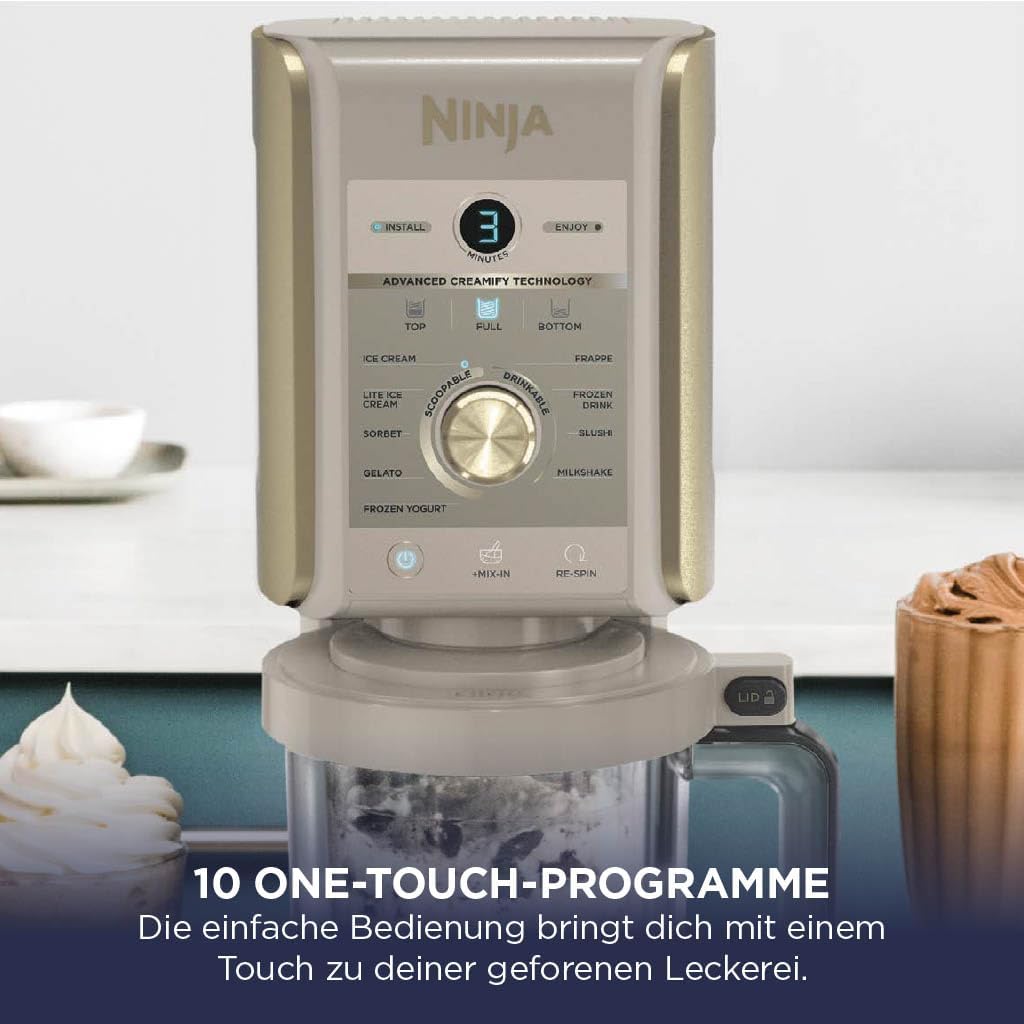 Ninja CREAMi Deluxe Eismaschine mit 2 Behältern, 10 Funktionen, Dessert & Ice Cream Maker für Eiscreme, Sorbet, Frozen Joghurt, Milchshakes, Slushi, 2-in-1 Geschmacksoption, Stone Gold, NC502EUSTGD