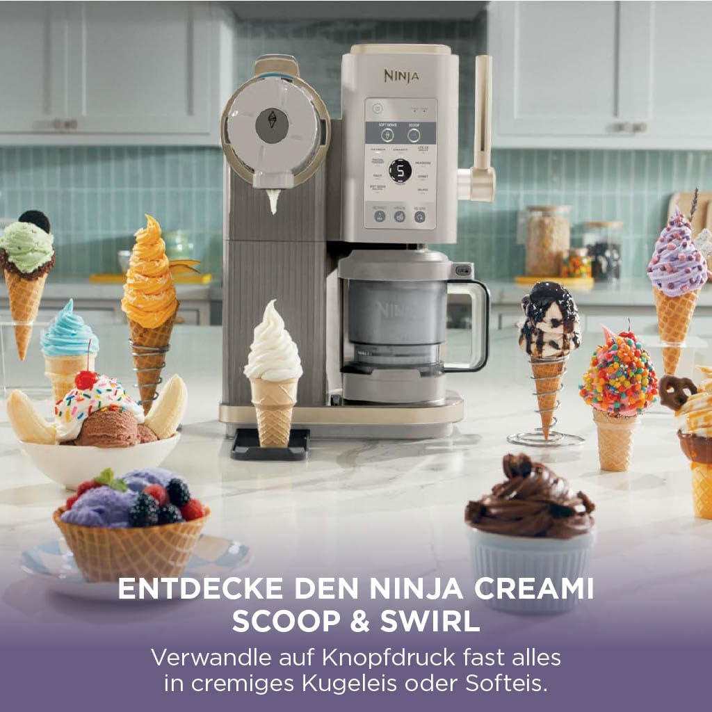 Ninja CREAMi Scoop & Swirl Eismaschine mit 2 Behältern, 13 Funktionen, für Eiscreme, Softeis, Gelato, Sorbet, Milchshakes und mehr, mit Mix-In-Funktion, Stone Gold NC701EUSTGD
