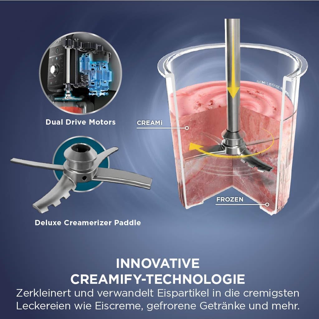 Ninja CREAMi Deluxe Eismaschine mit 2 Behältern, 10 Funktionen, Dessert & Ice Cream Maker für Eiscreme, Sorbet, Frozen Joghurt, Milchshakes, Slushi, 2-in-1 Geschmacksoption, Stone Gold, NC502EUSTGD