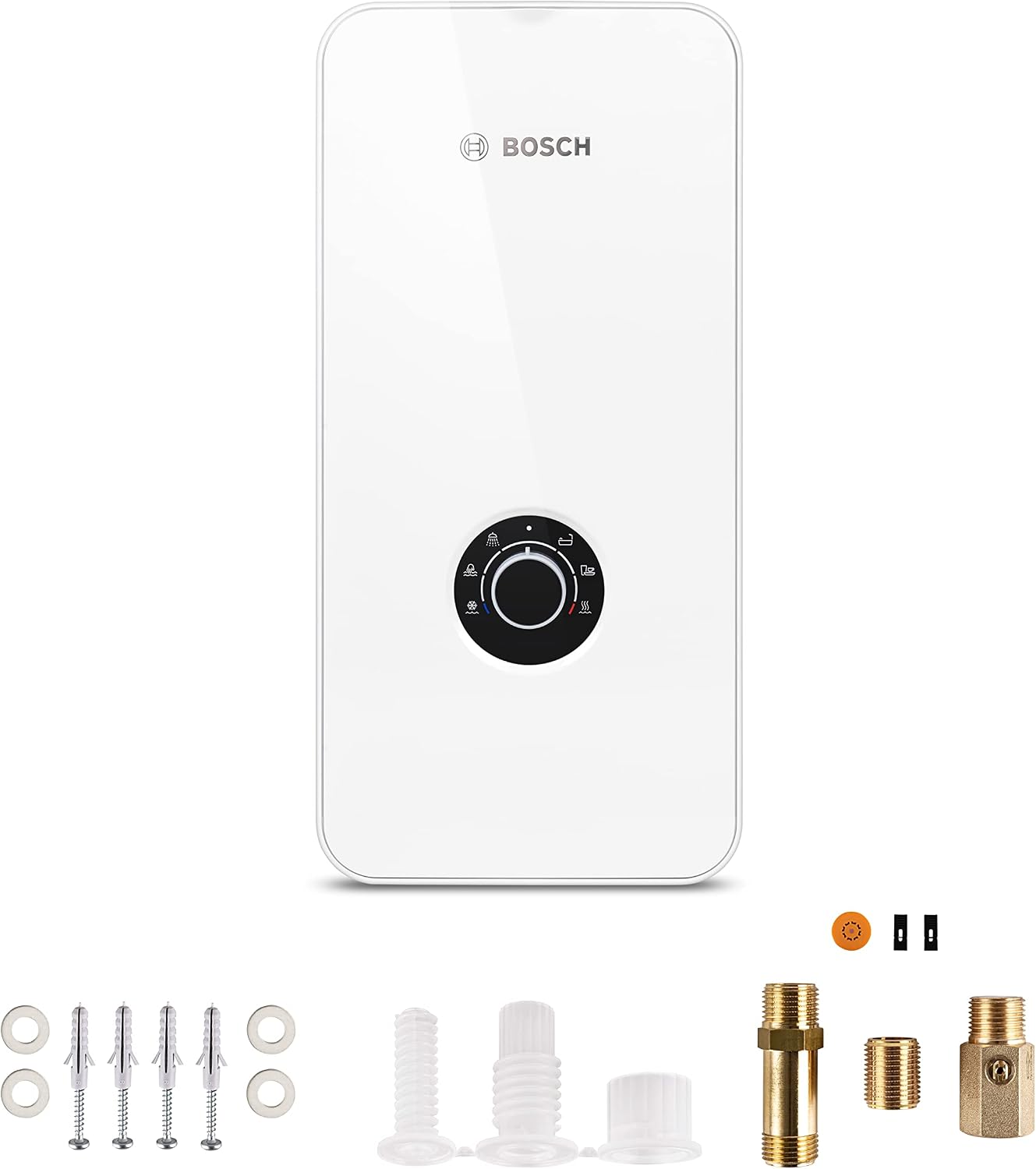 Bosch Tronic 5000 Electronic Instantaneous Water Heater 21/24/27 kW, Switchable, Pressure-Resistant, Continuous Temperature Selection, 400 V, Modern Glass Look, White