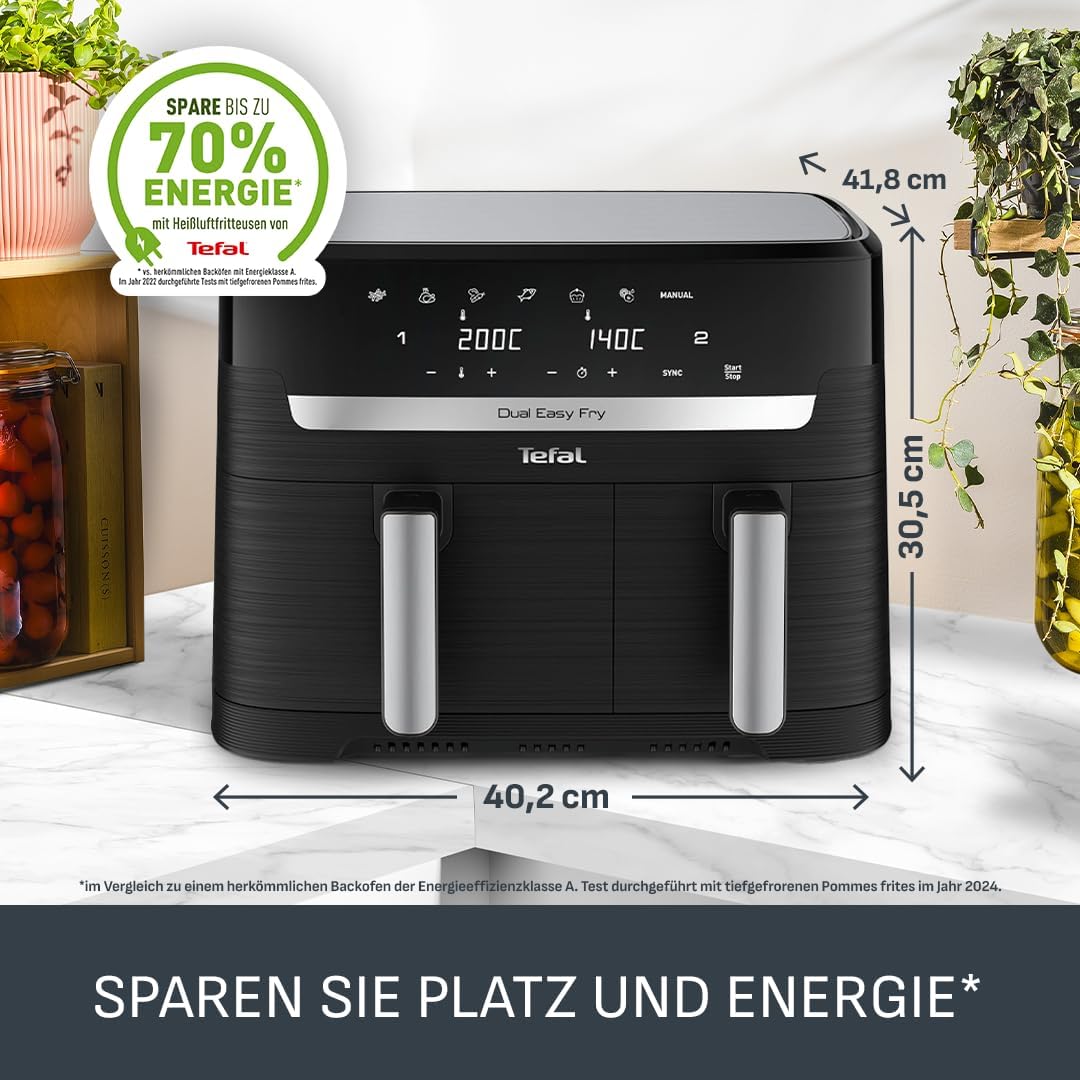 Tefal Dual Easy Fry Hot Air Fryer 8.3 L - Airfryer with 2 Chambers & XL Drawer, 7 Programmes, 2700 W, Extra Crisp Technology, Low Fat Frying & Energy Saving, Dishwasher Safe EY9018