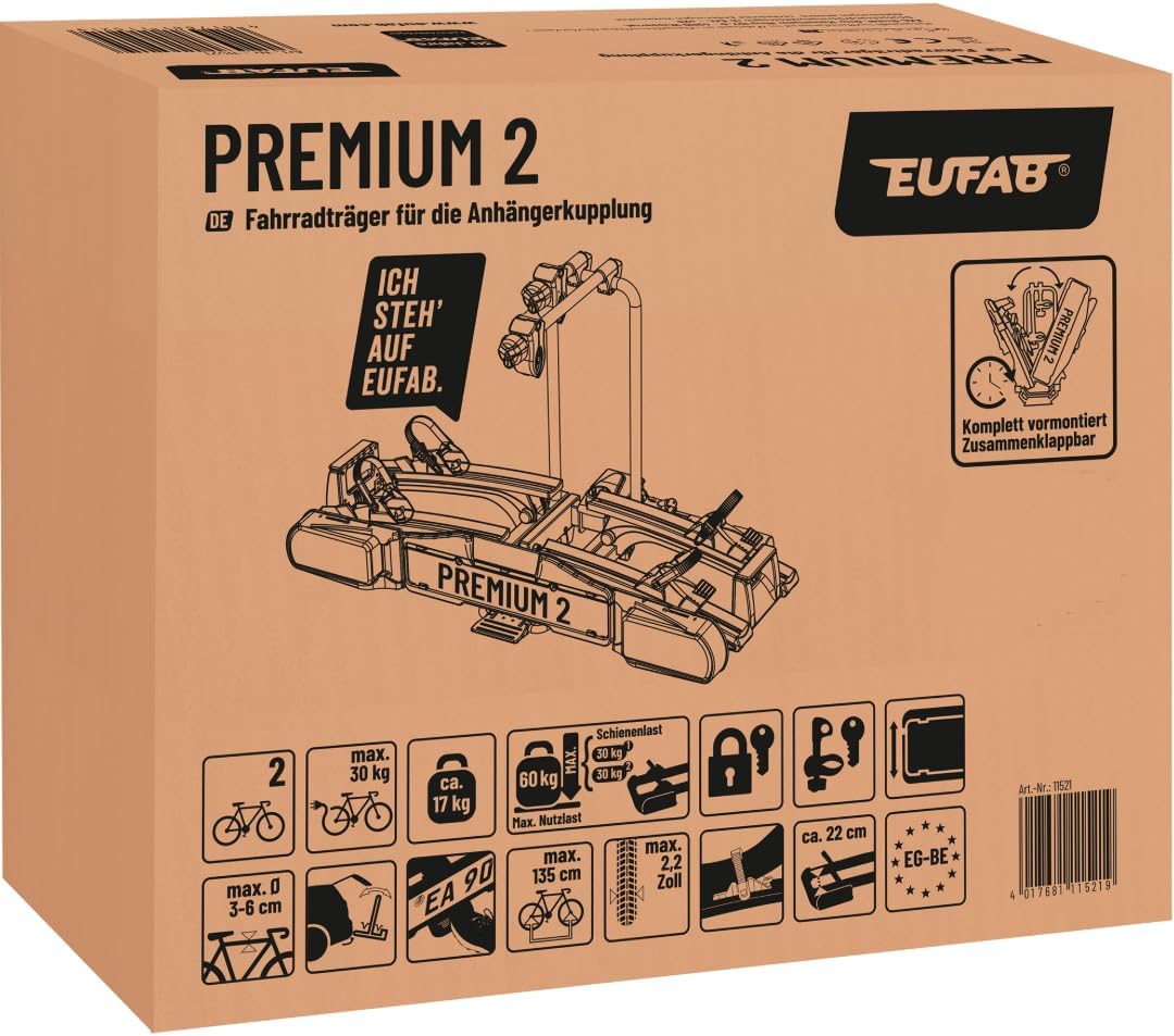 EUFAB 11521 Fahrradträger PREMIUM 2, E-Bike geeignet, komplett vormontiert, Diebstahlschutz, für 2 Fahrräder, für Anhängekupplung, Schwarz, Silber