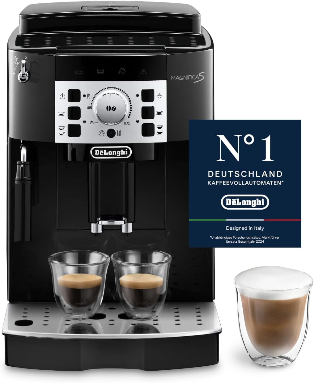 De'Longhi Magnifica S ECAM 22.110.B fully automatic coffee machine with milk frother for cappuccino, with espresso direct selection buttons and rotary control, 2-cup function, 1.8 liter water tank, black / silver