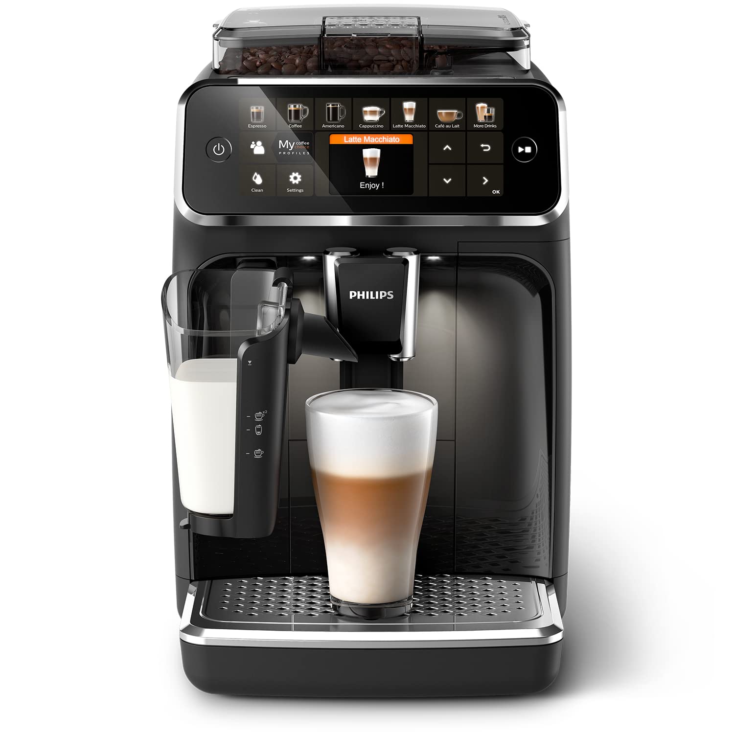 PHILIPS LatteGo Series 5400 Fully Automatic Coffee Machine, 12 Drinks, Milk Frother, Touch Screen, 4 Profiles, Chrome Finish (EP5447/90)