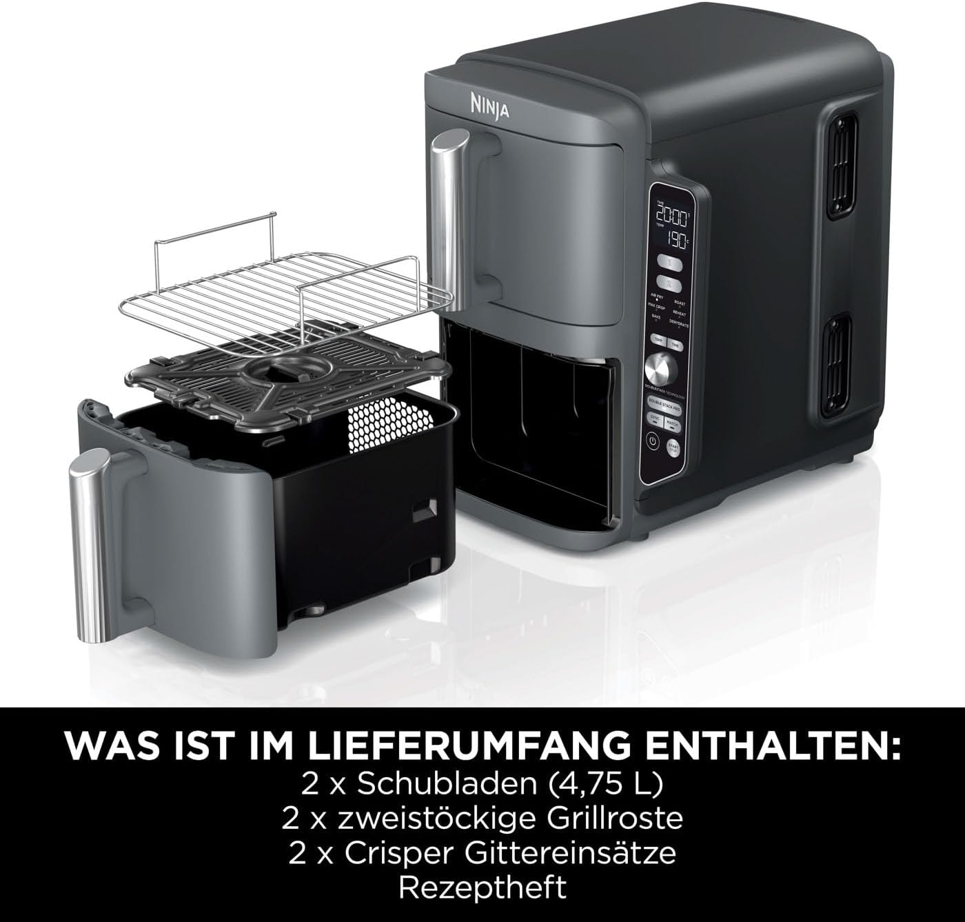 Ninja Double Stack XL Air Fryer Heißluftfritteuse, 9,5L Airfryer, Doppelkorb-Heißluftfritteuse mit 4 Kochstufen, 2 Körben, 2 Rosten, platzsparendes Design, 6 Kochfunktionen, 8 Portionen, Grau SL400EU