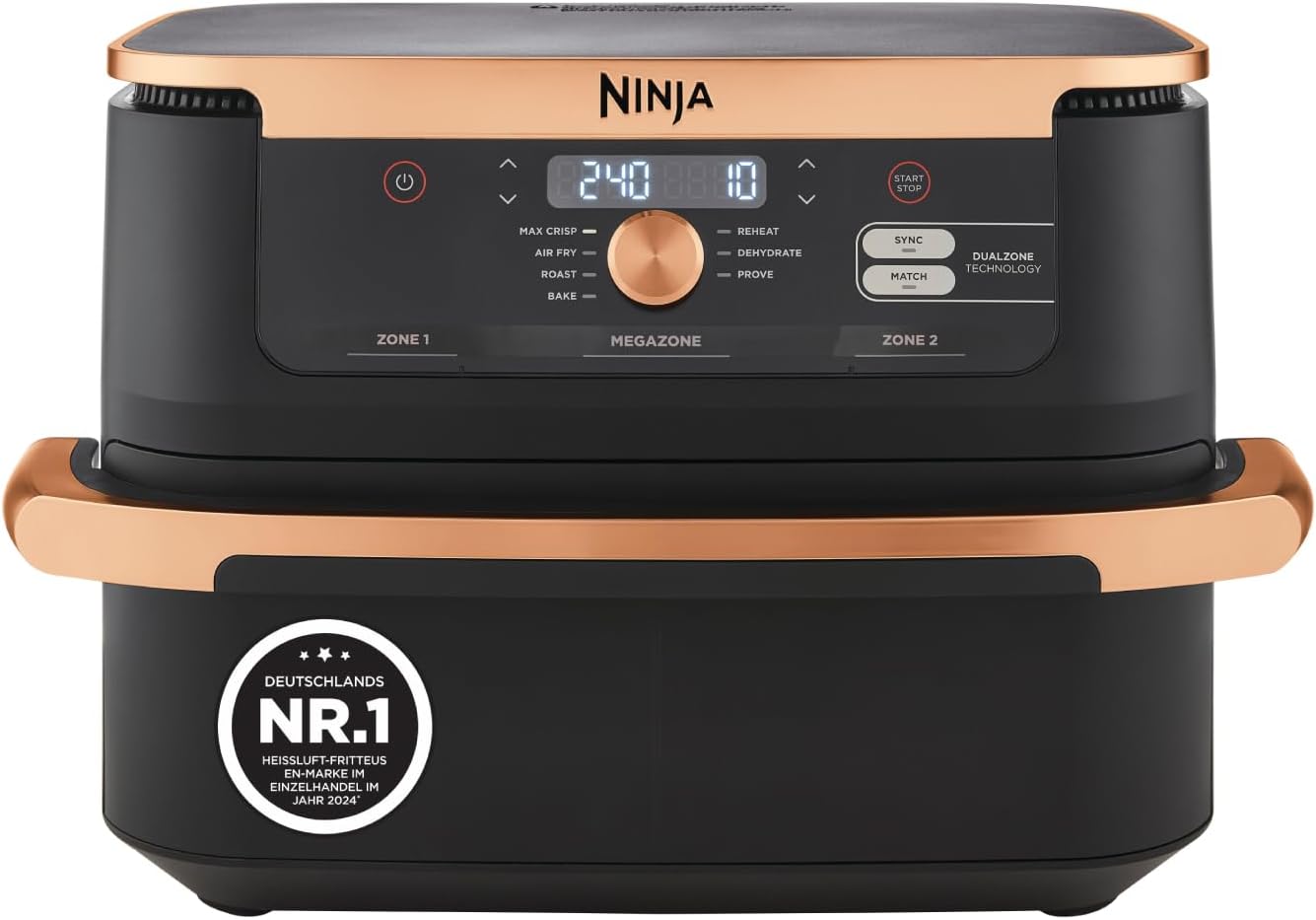 Ninja Foodi FlexDrawer Dual Zone Hot Air Fryer, Air Fryer with 10.4 Compartments and Removable Separator, Non-Stick Coating, Dishwasher Safe Basket, 7-in-1, Black & Copper, AF500EUCP