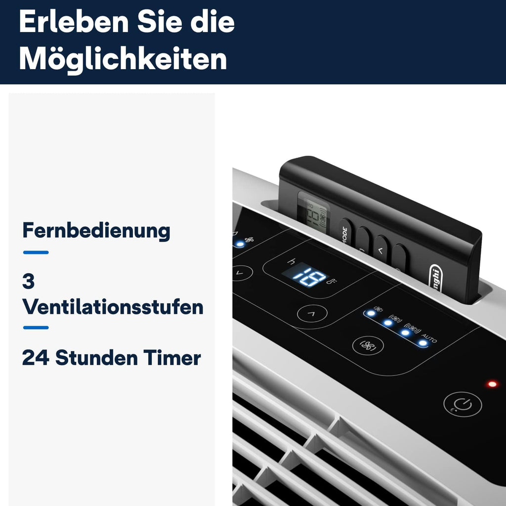 De’Longhi Pinguino PAC EM82 Eco Mobile Air Conditioner with Exhaust Hose, Dehumidification and Ventilation Function, Air Conditioning for Rooms up to 80 m³, Integrated Dust Filter and 24-hour Timer, White