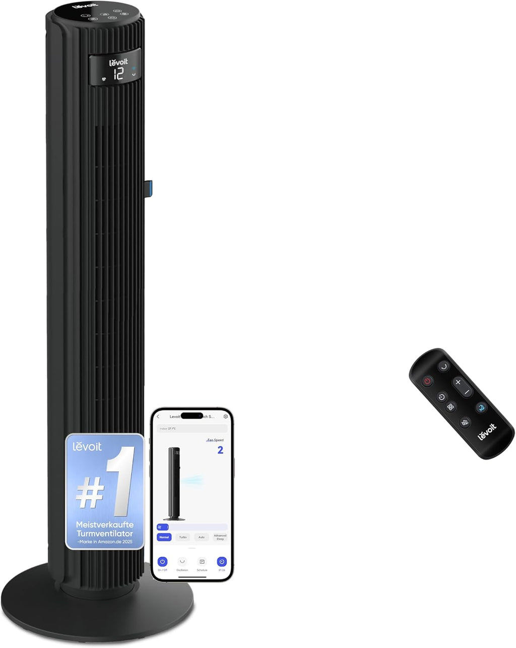 Levoit - Smart APP Turmventilator Leise-Ventilator für Schlafzimmer - 4 Modi/12 Stufen/12 Std Timer - Fernbedienung & Kühlung - 7,9m/s - Sensor & Sprachsteuerung Standventilator - Schwarz, 106 cm