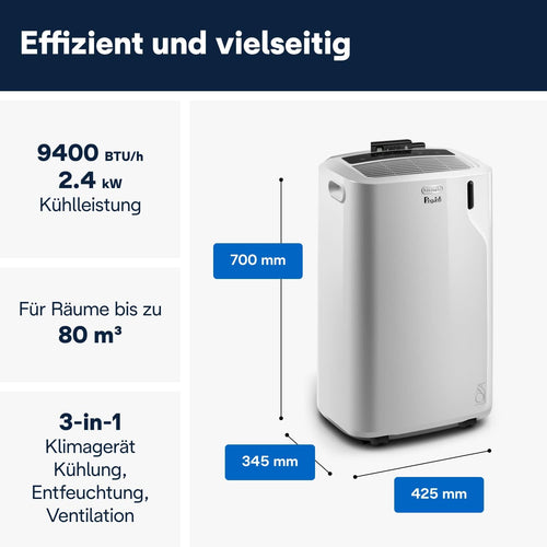 De’Longhi Pinguino PAC EM82 Eco Mobile Air Conditioner with Exhaust Hose, Dehumidification and Ventilation Function, Air Conditioning for Rooms up to 80 m³, Integrated Dust Filter and 24-hour Timer, White