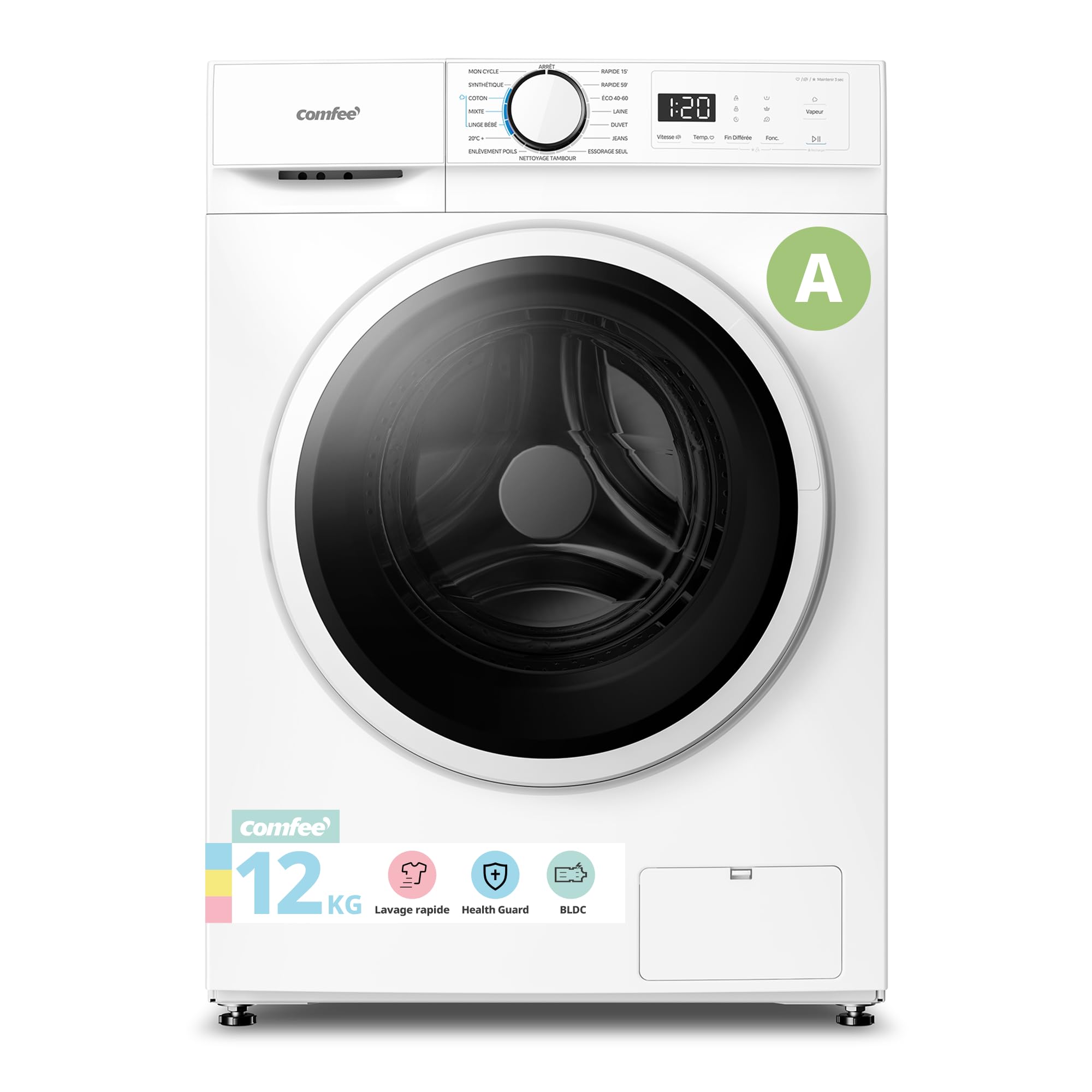 COMFEE ' CFE12EW90/W Front Washing Machine 9 kg, Energy Class A, BLDC Motor 1400 RPM, 15 Programs, Prewash, White [Energy Class A]