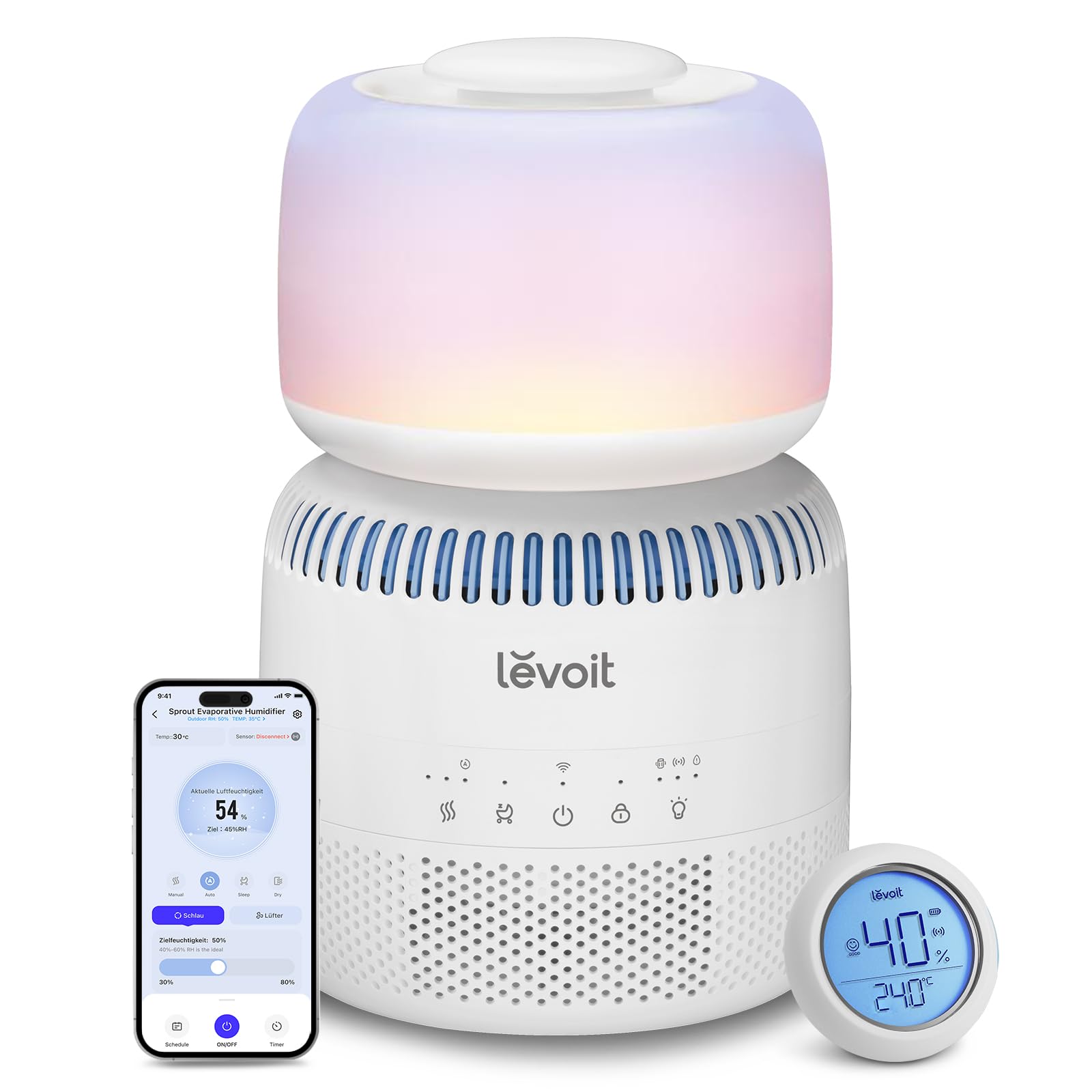 Levoit Smart Luftbefeuchter für große Räume, Top-Fill Humidifier, Warm&Kalter Nebel max 550 ml/h, bis 40㎡, leise Raumbefeuchter mit Nachtlicht für Pflanzen, Auto Shut-off, 4,5 L, Mondweiß
