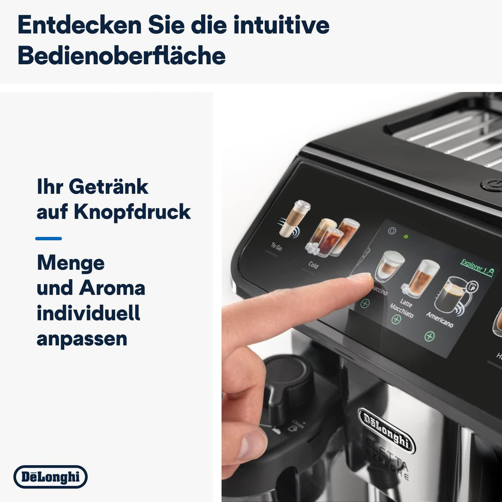 De'Longhi Eletta Explore - Perfetto Fully Automatic Coffee Machine with LatteCrema Milk Frother, 40 Drinks at the Touch of a Button, Coloured Touch Display, Dark Grey (ECAM452.57.G)