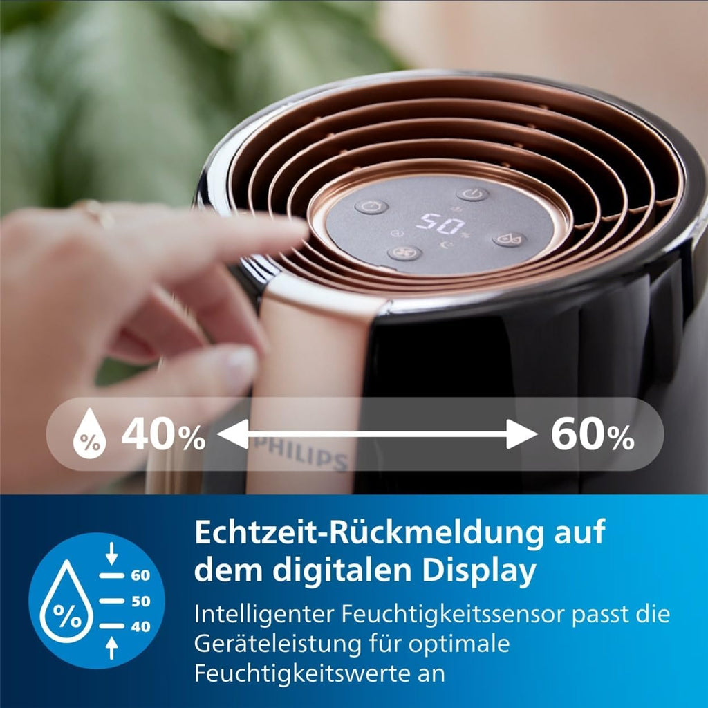 Philips Humidifier 2000 Series, NanoCloud Technology, 99.97% Less Bacteria, 200ml/h, 2L Tank, Ultra Quiet (33dB), Sensor, 3 Levels, Auto & Sleep Mode, Timer, Black (HU2718/10)