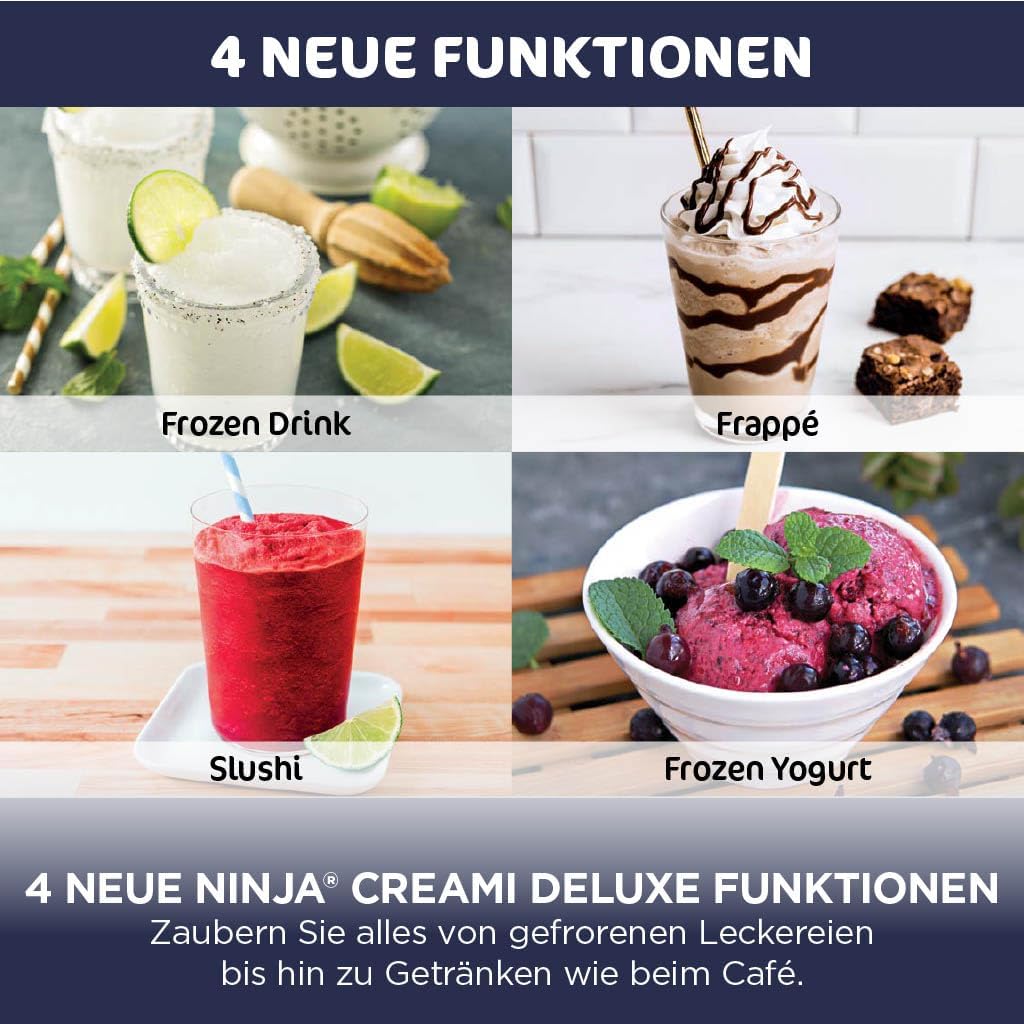 Ninja CREAMi Deluxe Eismaschine mit 2 Behältern, 10 Funktionen, Dessert & Ice Cream Maker für Eiscreme, Sorbet, Frozen Joghurt, Milchshakes, Slushi, 2-in-1 Geschmacksoption, Stone Gold, NC502EUSTGD