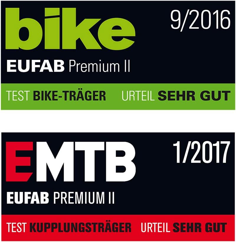 EUFAB 11521 Fahrradträger PREMIUM 2, E-Bike geeignet, komplett vormontiert, Diebstahlschutz, für 2 Fahrräder, für Anhängekupplung, Schwarz, Silber