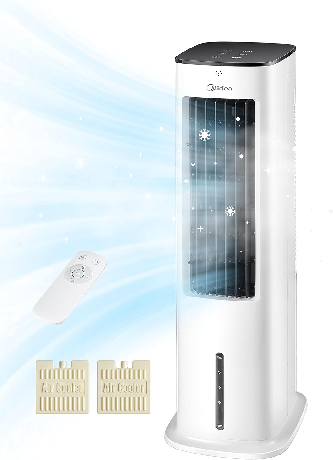Midea Silent Air Cooler Pro 4-in-1 Mobile Air Conditioning Quiet: Air Cooler, Tower Fan, Humidifier and Air Purifier, with Remote Control, 5 L Water Tank, 355 m³/h Air Flow, 55 W, LED Display, Timer, White
