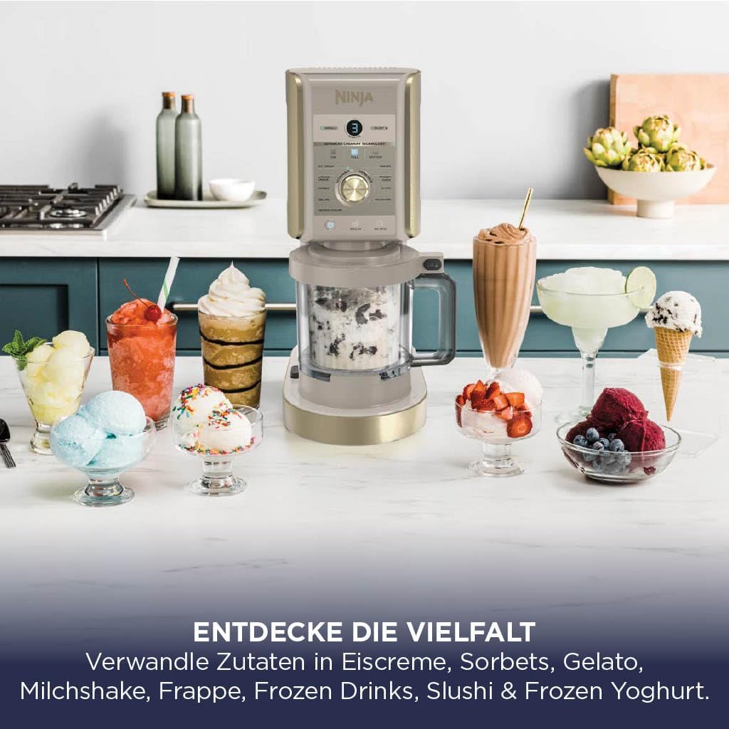 Ninja CREAMi Deluxe Eismaschine mit 2 Behältern, 10 Funktionen, Dessert & Ice Cream Maker für Eiscreme, Sorbet, Frozen Joghurt, Milchshakes, Slushi, 2-in-1 Geschmacksoption, Stone Gold, NC502EUSTGD