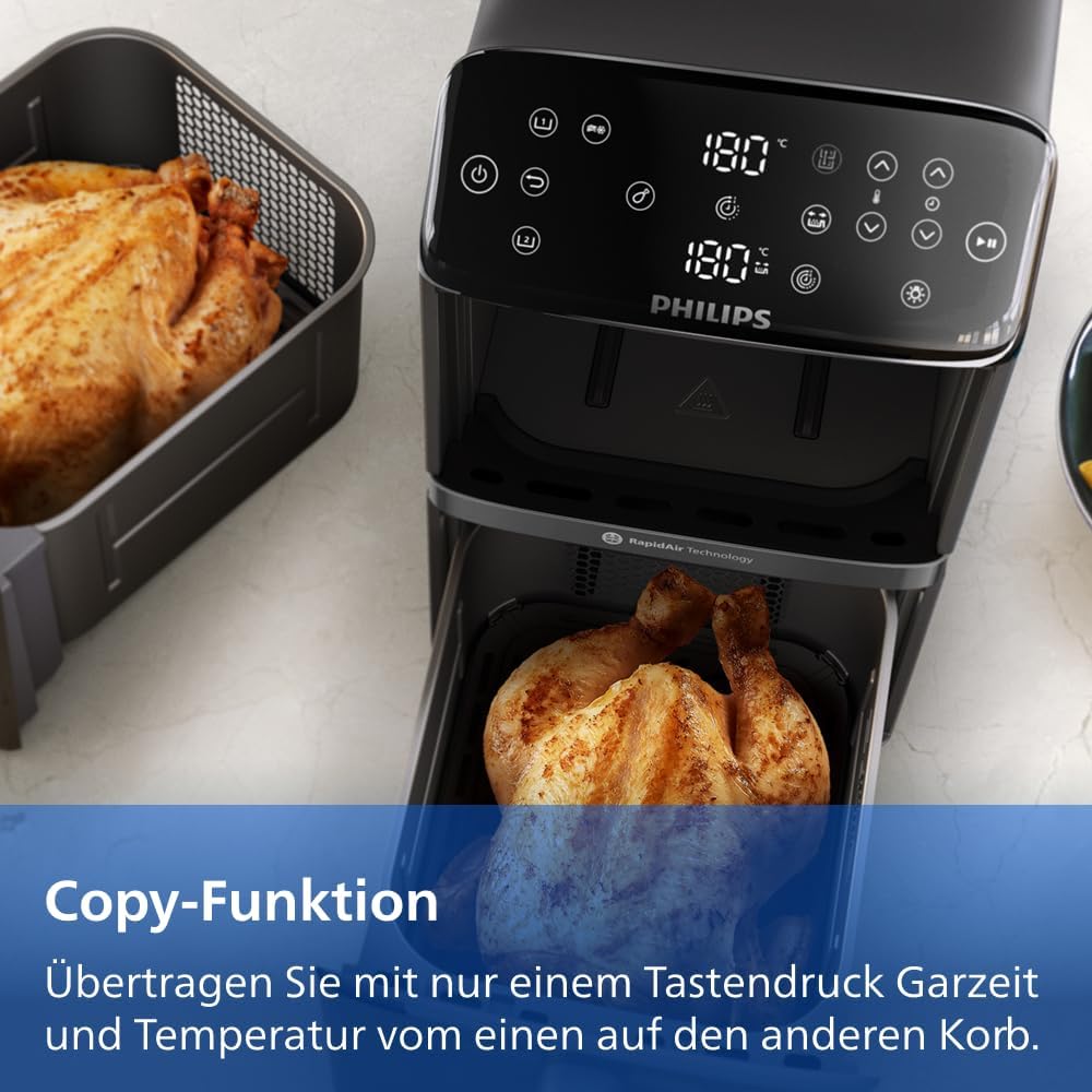 Philips Airfryer 4000 Series Stacked Dual Basket, Stacked Hot Air Fryer, 2 Chambers, 10L, RapidAir Technology, 45% Less Space, PFAS-Free Ceramic Coating, Viewing Window (NA460/00)