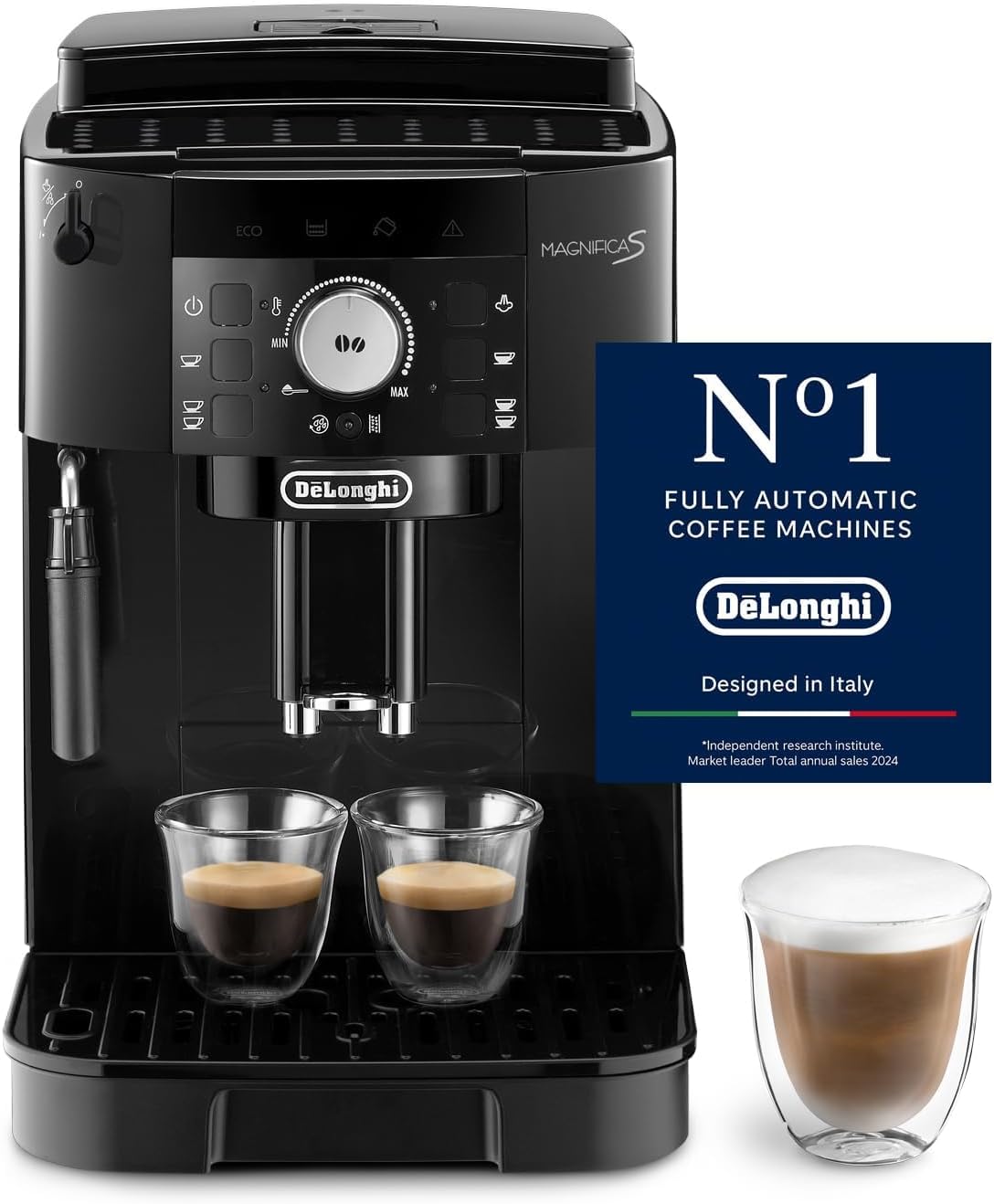 De'Longhi Magnifica S ECAM11.112.B, Fully Automatic Coffee Machine with Milk Frothing Nozzle for Cappuccinos, with Espresso Direct Selection Buttons and Rotary Control, 2 Cup Function, Black