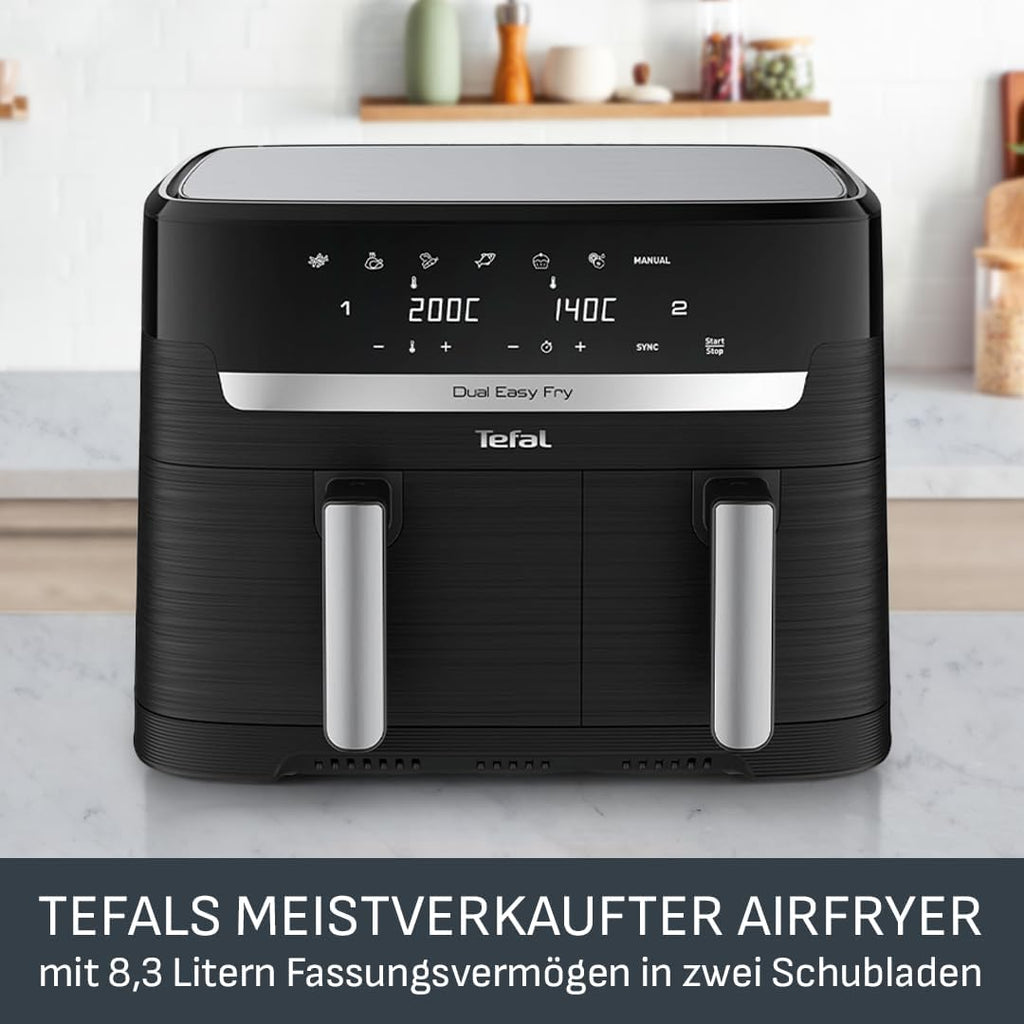 Tefal Dual Easy Fry Hot Air Fryer 8.3 L - Airfryer with 2 Chambers & XL Drawer, 7 Programmes, 2700 W, Extra Crisp Technology, Low Fat Frying & Energy Saving, Dishwasher Safe EY9018