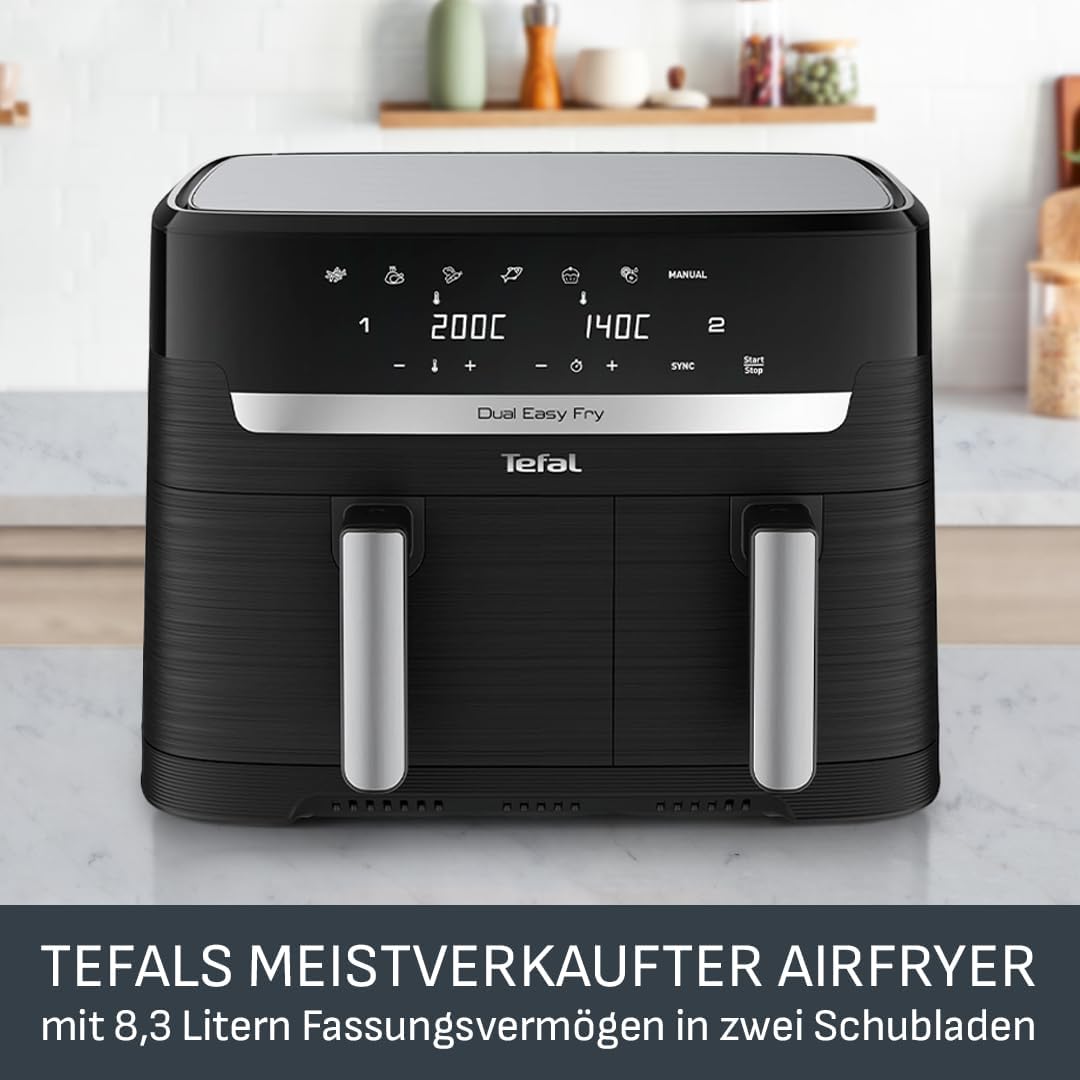 Tefal Dual Easy Fry Hot Air Fryer 8.3 L - Airfryer with 2 Chambers & XL Drawer, 7 Programmes, 2700 W, Extra Crisp Technology, Low Fat Frying & Energy Saving, Dishwasher Safe EY9018
