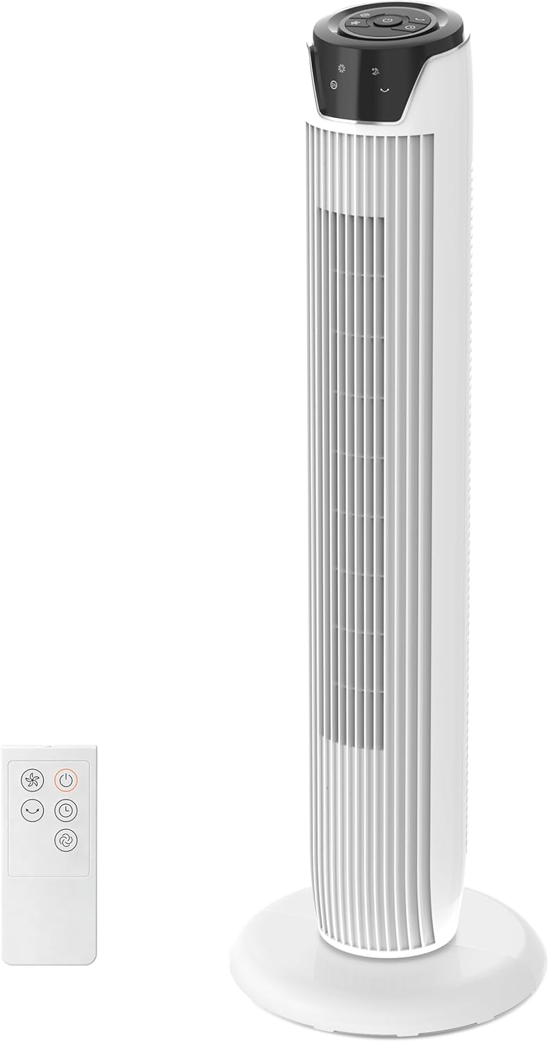 Midea FZ10-17JR(WH) Turmventilator Leise mit Fernbedienung 92CM, mobiler Lüfter,Ventilator Säulenventilator,7 Stunden Timer,3 Modi,3 Geschwindigkeiten,45W Standventilator, Weiß