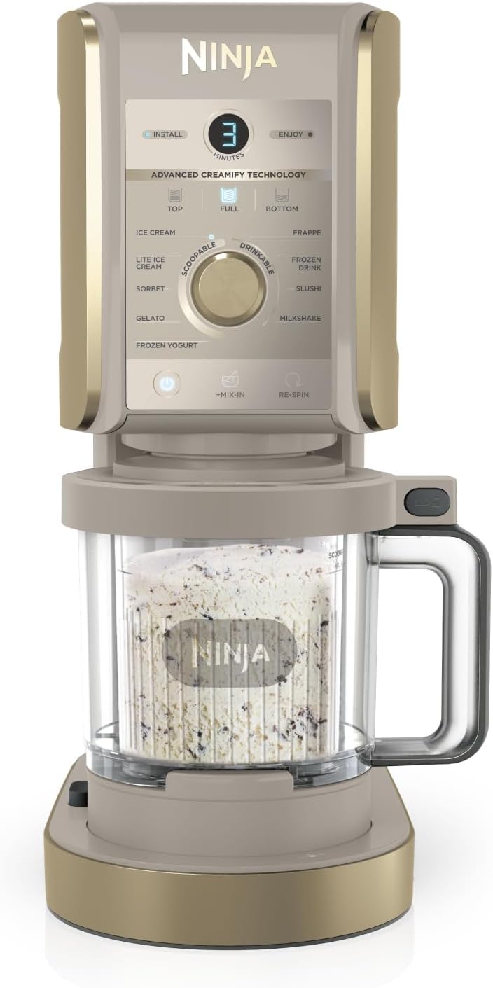 Ninja CREAMi Deluxe Ice Cream Maker with 2 Containers, 10 Functions, Dessert & Ice Cream Maker for Ice Cream, Sorbet, Frozen Yogurt, Milkshakes, Slushi, 2-in-1 Flavour Option, Stone Gold, NC502EUSTGD