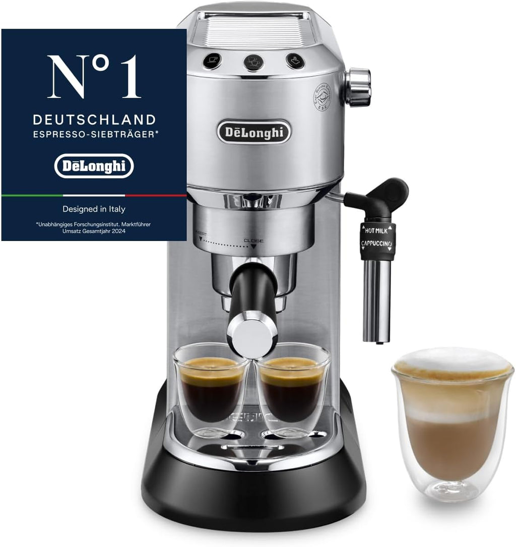 De'Longhi Dedica Style EC 685.M Espresso Filter Holder Espresso Machine with Professional Milk Foam Nozzle 15 cm Wide 1 Litre Water Tank Full Metal Casing E.S.E Pads Silver