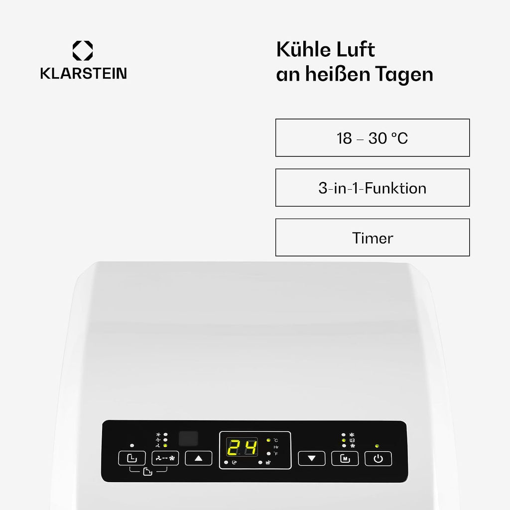 Klarstein Mobile Klimaanlage mit Abluftschlauch, 4-in-1 Klimagerät mit Ventilator, Luftentfeuchter & Nachtmodus, Kleine & Portable Klimaanlage für Wohnung & Büro, Niedriger Verbrauch, 10000 BTU