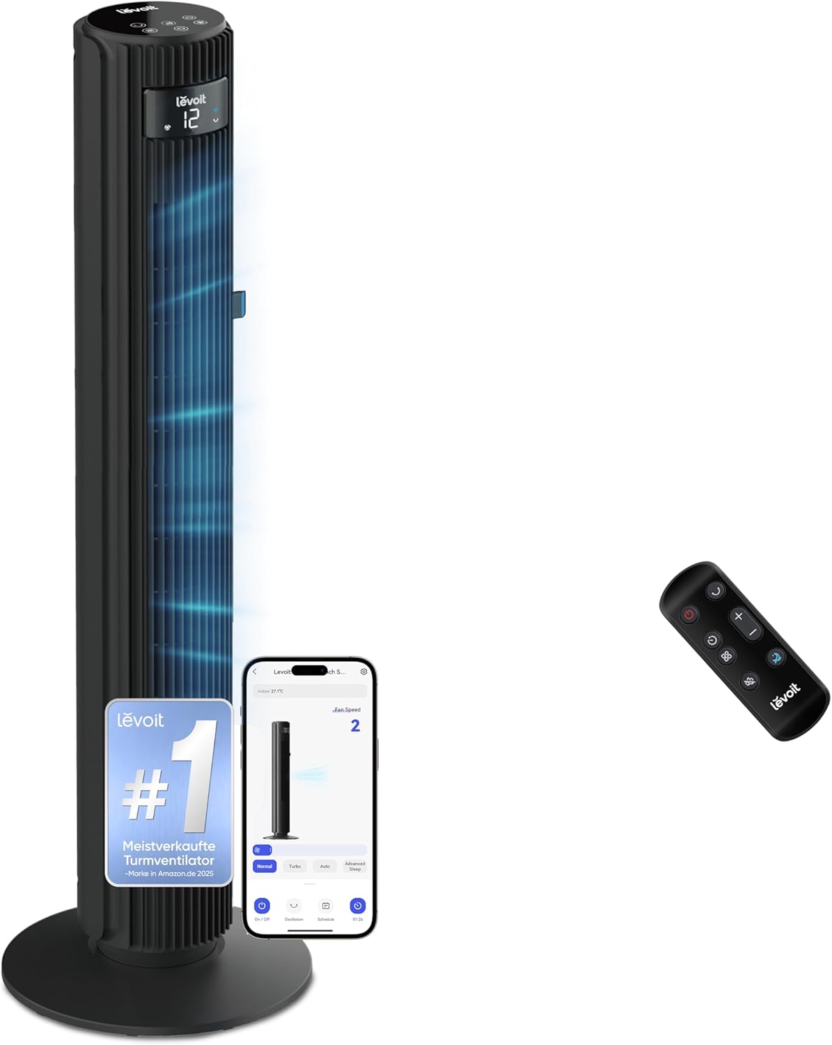 Levoit - Smart APP Turmventilator Leise-Ventilator für Schlafzimmer - 4 Modi/12 Stufen/12 Std Timer - Fernbedienung & Kühlung - 7,9m/s - Sensor & Sprachsteuerung Standventilator - Schwarz, 106 cm