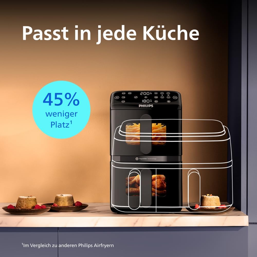 Philips Airfryer 4000 Series Stacked Dual Basket, Stacked Hot Air Fryer, 2 Chambers, 10L, RapidAir Technology, 45% Less Space, PFAS-Free Ceramic Coating, Viewing Window (NA460/00)