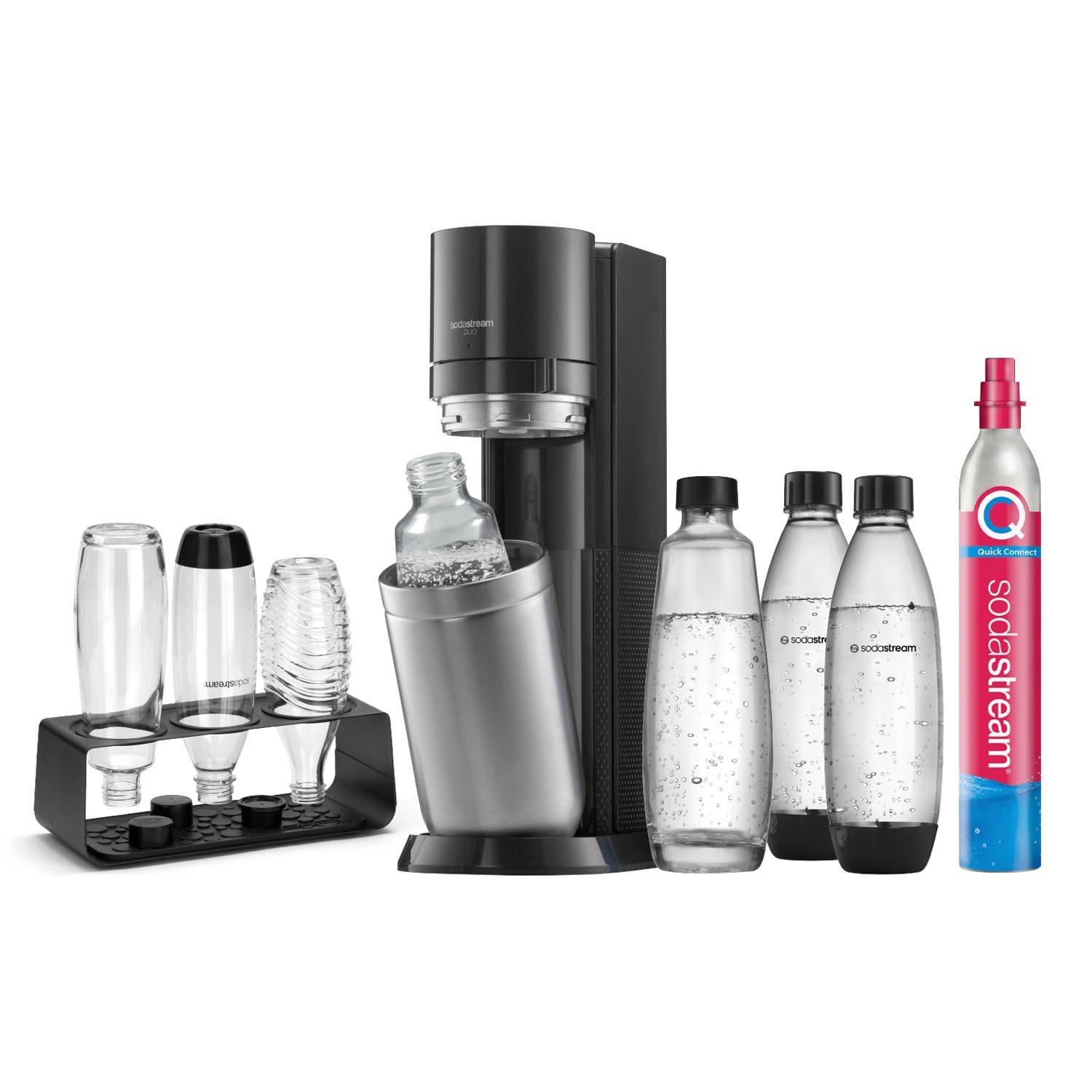 SodaStream Duo Sparkling Water Maker with CO2 Cylinder, 2x 1 Litre Class Bottles and 2x 1 Litre Dishwasher-Safe Plastic Bottles, Height: 44 cm, Colour: Titanium.