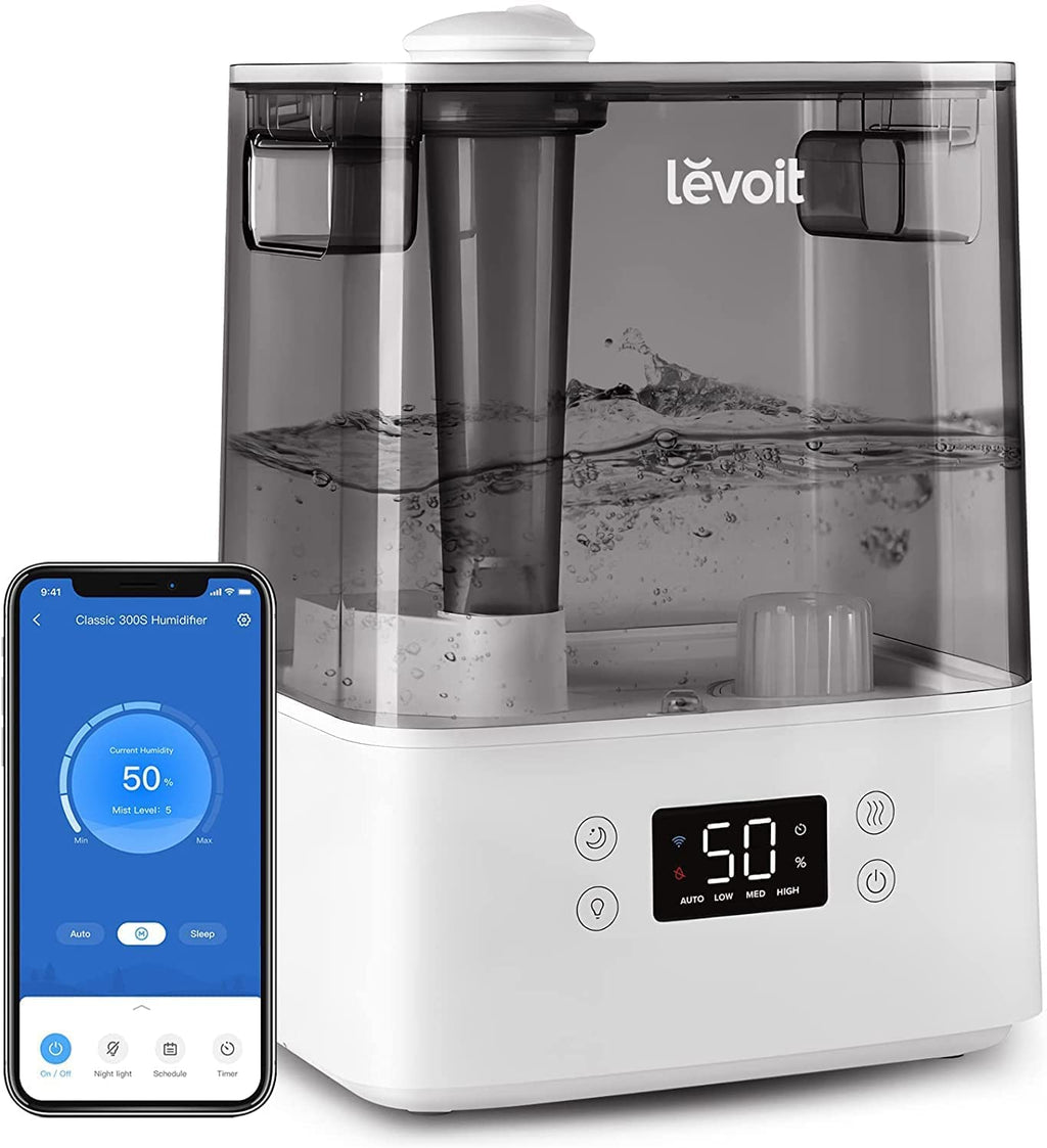Levoit Smart Luftbefeuchter für große Räume, Top-Fill Humidifier, Warm&Kalter Nebel max 550 ml/h, bis 40㎡, leise Raumbefeuchter mit Nachtlicht für Pflanzen, Auto Shut-off, 4,5 L, Mondweiß