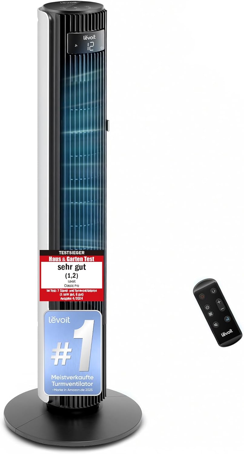 Levoit - DC Motor Large Tower Fan - Very Quiet Fan - 4 Modes / 12 Levels / 12 Hours Timer - Remote Control Cooling Tower Fan with 7.9 m/s Speed - 90° Oscillating - Pearl White, 106 cm