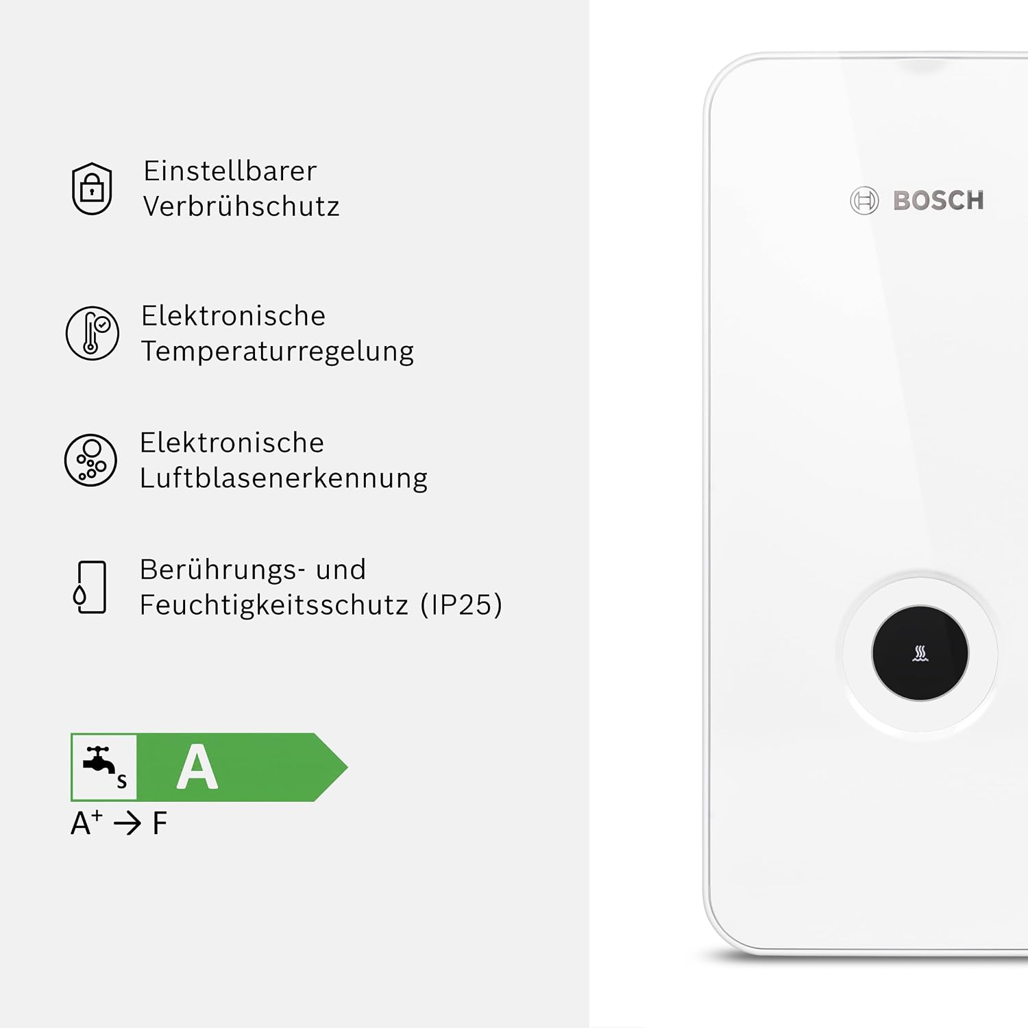 Bosch Tronic Line Electronically Controlled Instantaneous Water Heater 15/18/21 kW - Switchable, Pressure-Resistant, Continuous Temperature Selection, Modern Glass Look, White [Energy Class A]