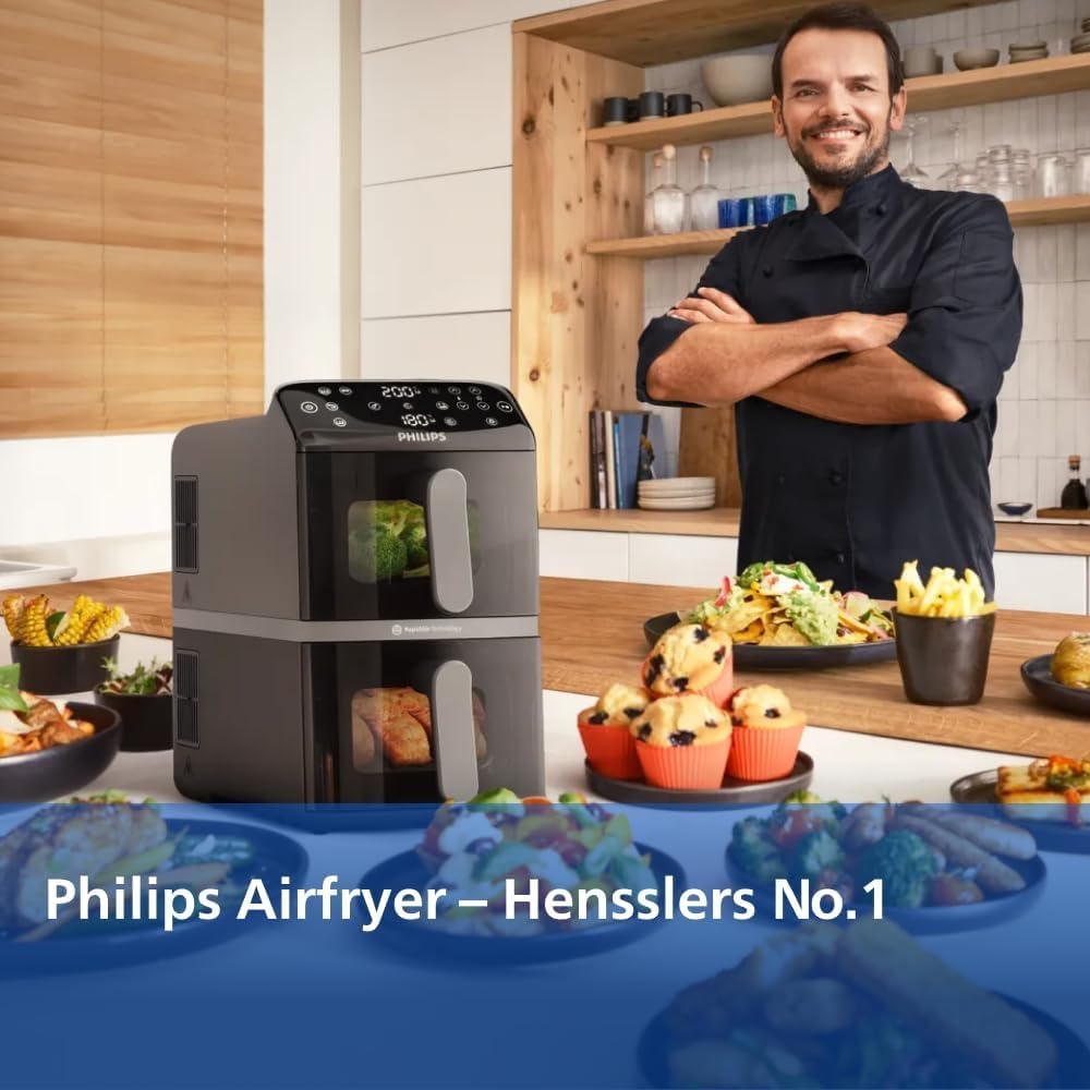 Philips Airfryer 4000 Series Stacked Dual Basket, Stacked Hot Air Fryer, 2 Chambers, 10L, RapidAir Technology, 45% Less Space, PFAS-Free Ceramic Coating, Viewing Window (NA460/00)