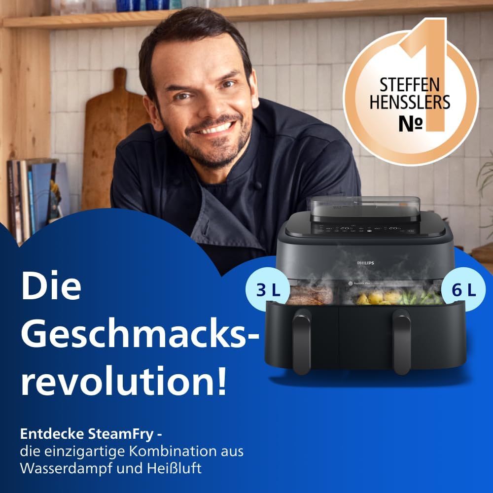 Philips Steam Airfryer 5000 Series Dual Basket Hot Air Fryer with Steamer Function & 2 Baskets - Steam, Airfry, SteamFry, 9L (3L+6L), RapidAir Plus, Automatic Steam Cleaning (NA550/00)