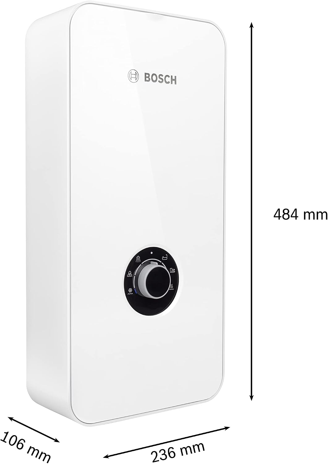 Bosch Tronic 5000 Electronic Instantaneous Water Heater 21/24/27 kW, Switchable, Pressure-Resistant, Continuous Temperature Selection, 400 V, Modern Glass Look, White